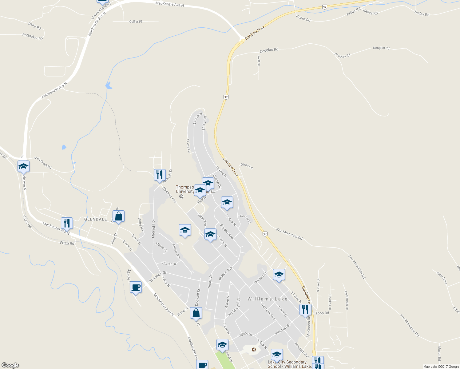map of restaurants, bars, coffee shops, grocery stores, and more near 1215 12 Avenue North in Williams Lake