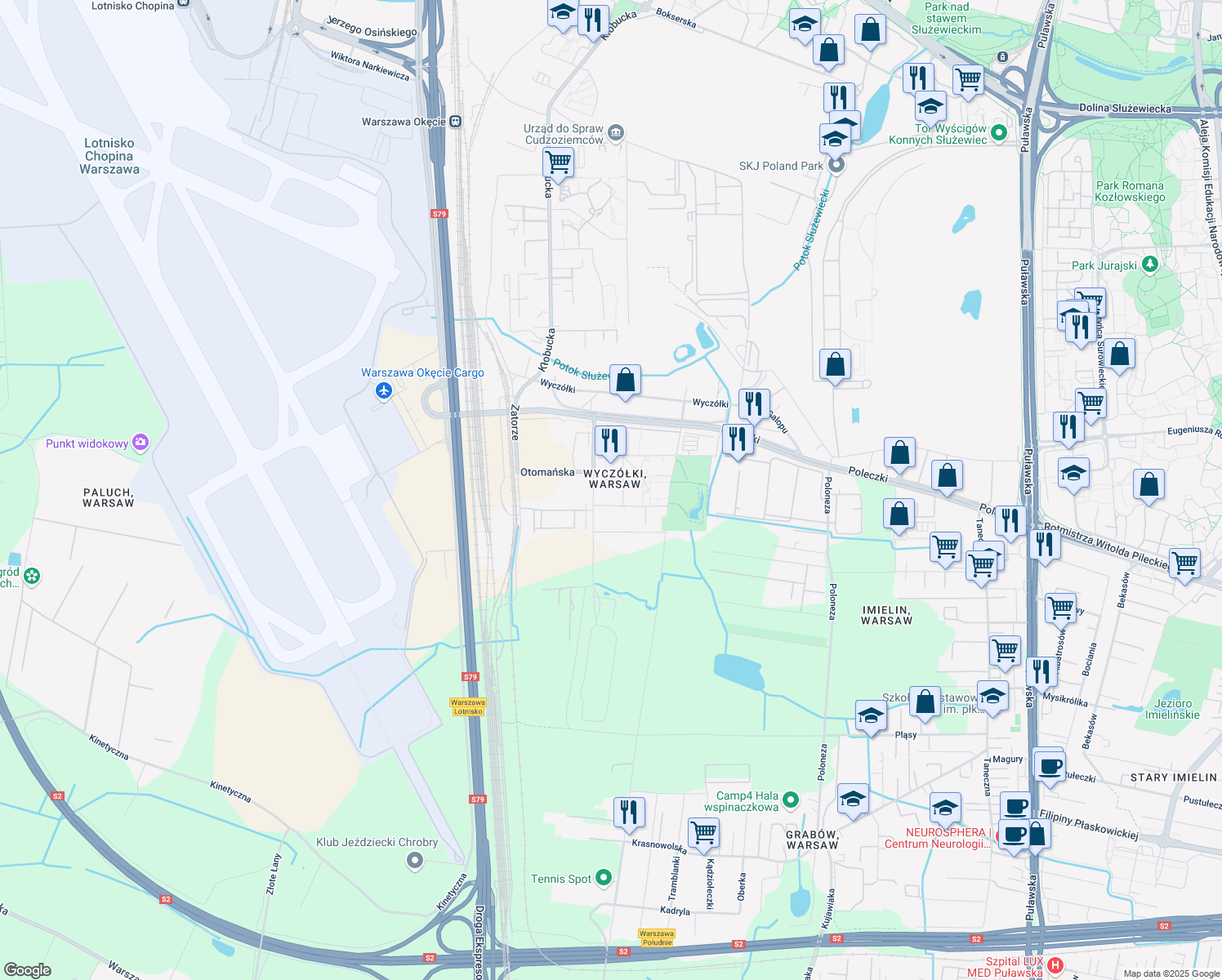 map of restaurants, bars, coffee shops, grocery stores, and more near 12 Osmańska in Warszawa