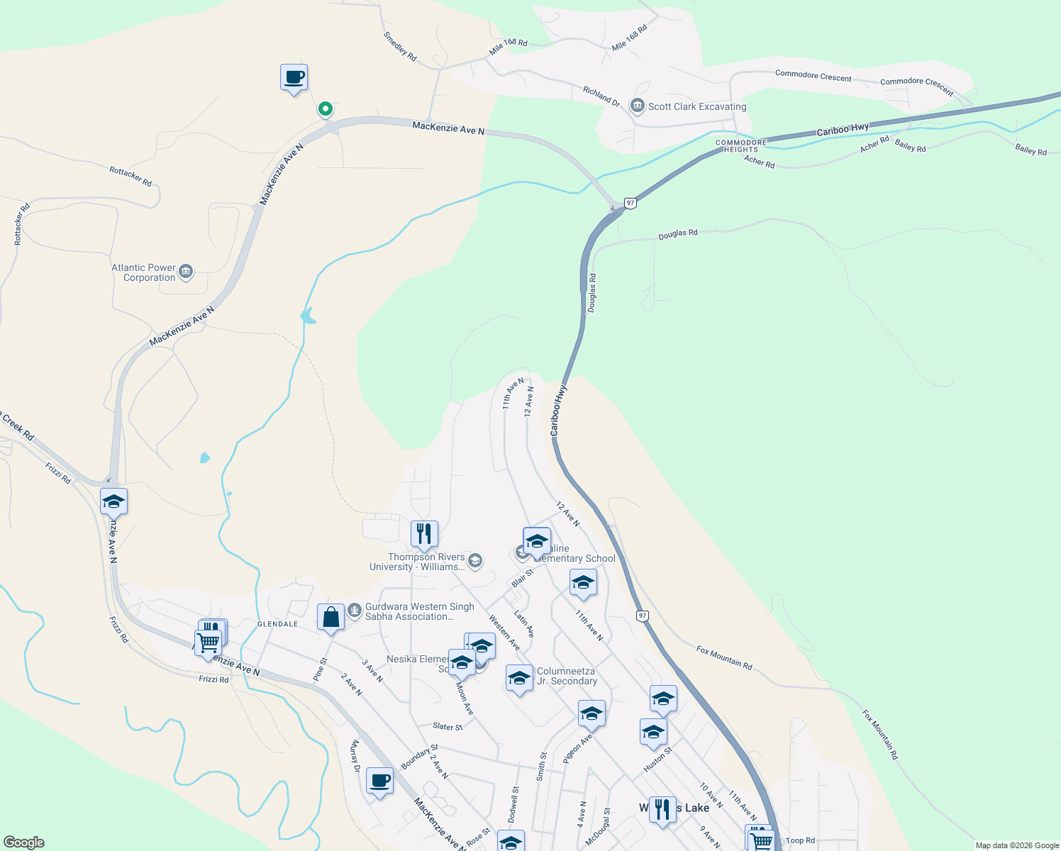 map of restaurants, bars, coffee shops, grocery stores, and more near 1460 12 Avenue North in Williams Lake