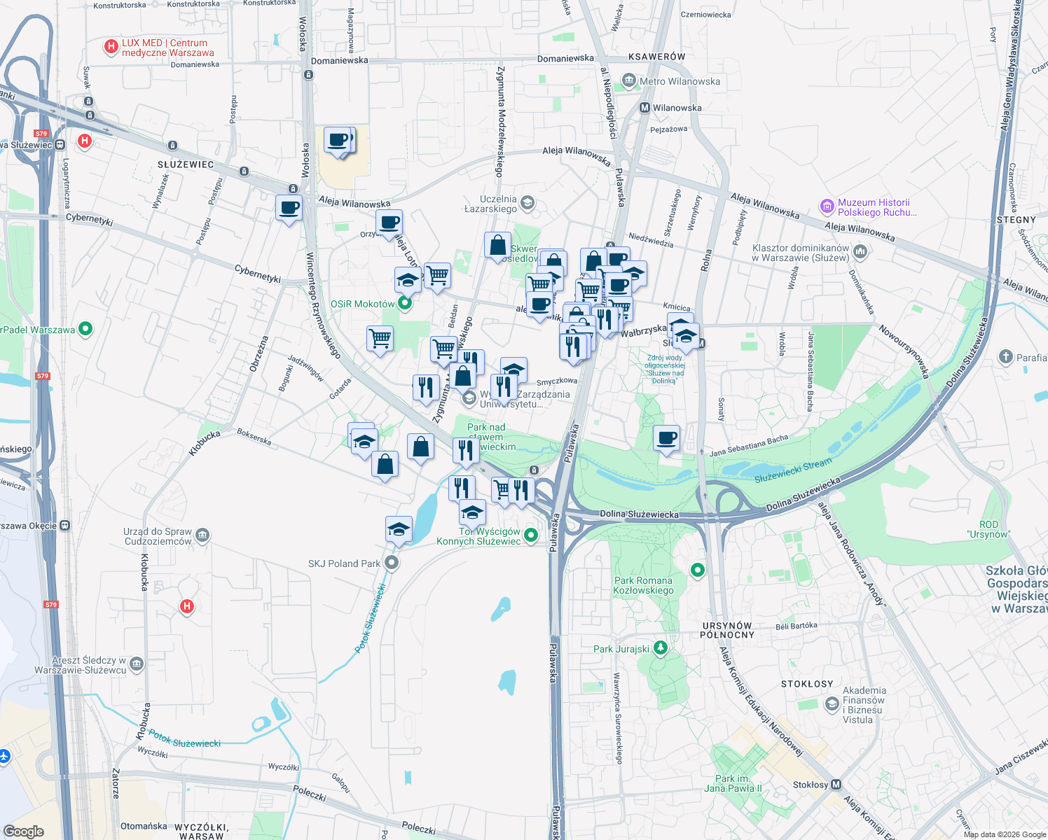 map of restaurants, bars, coffee shops, grocery stores, and more near 2B Szturmowa in Warszawa