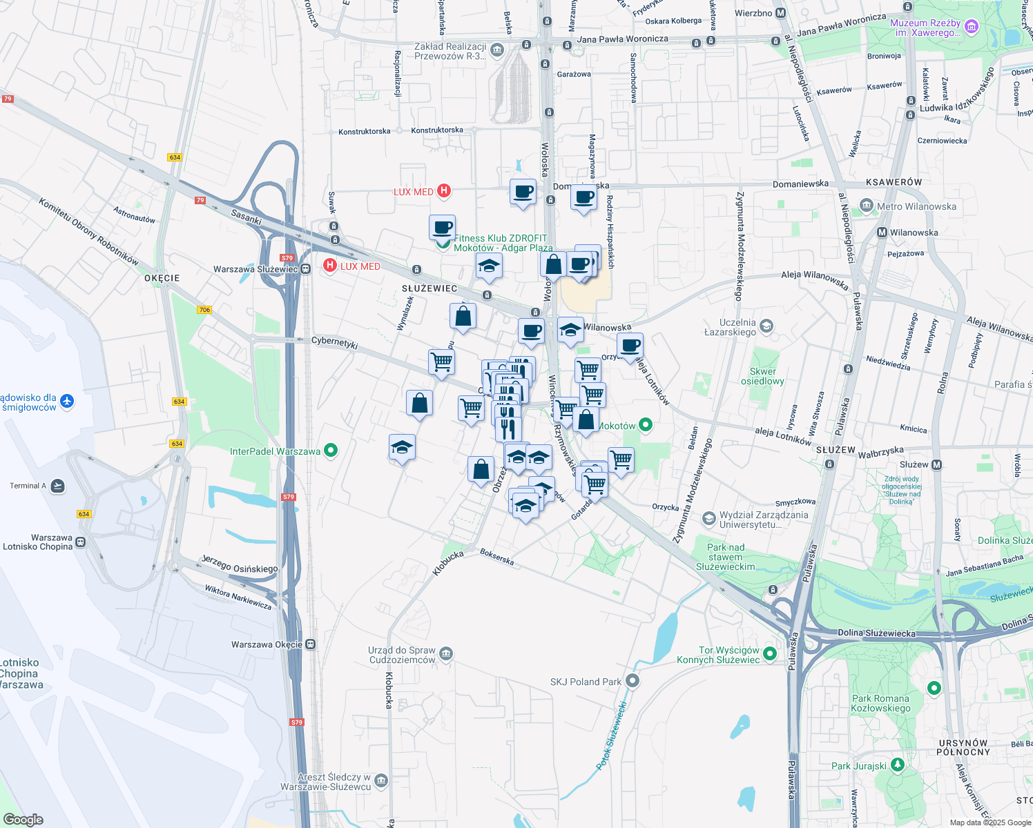 map of restaurants, bars, coffee shops, grocery stores, and more near 5 Obrzeżna in Warszawa