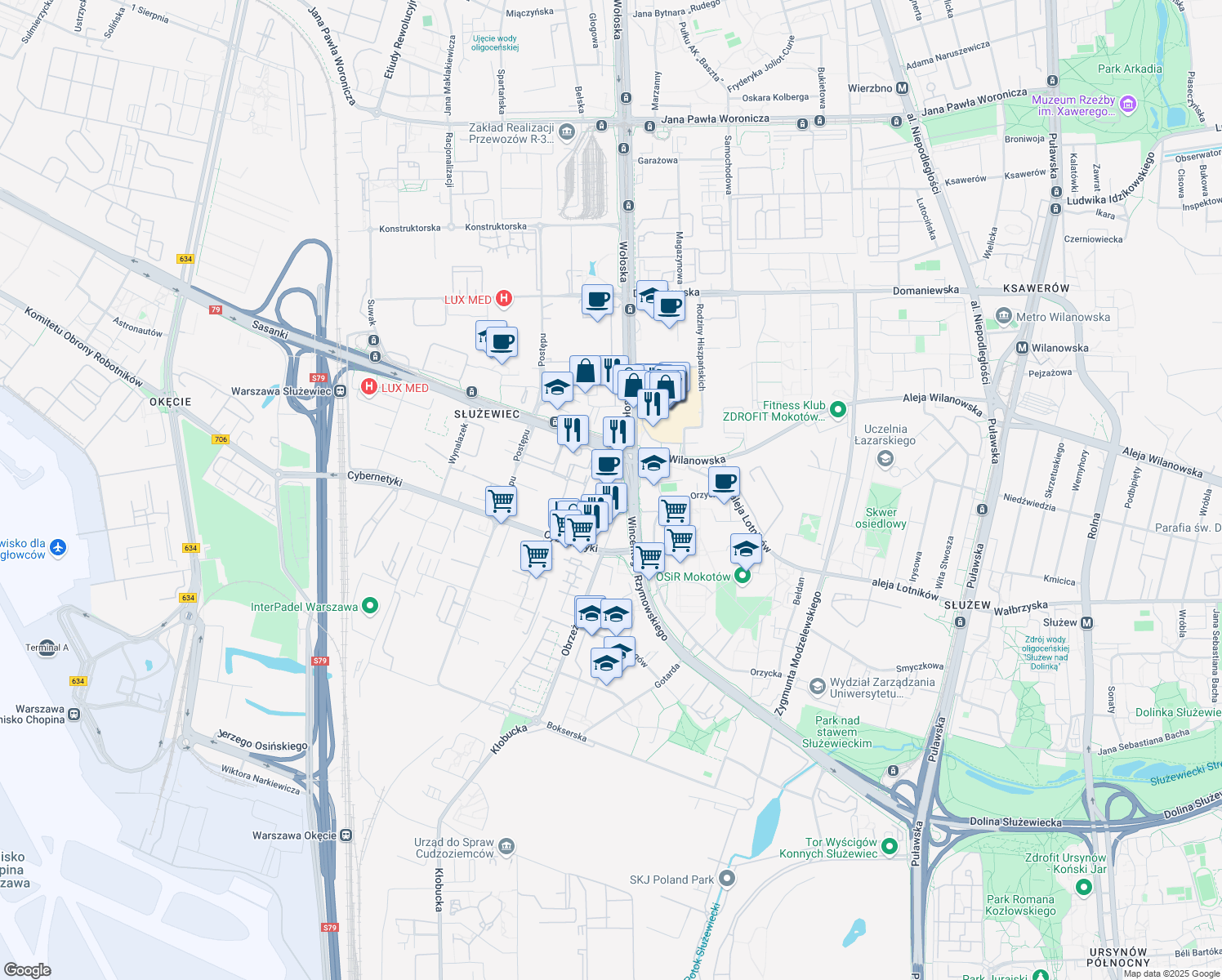 map of restaurants, bars, coffee shops, grocery stores, and more near 53 Wincentego Rzymowskiego in Warszawa