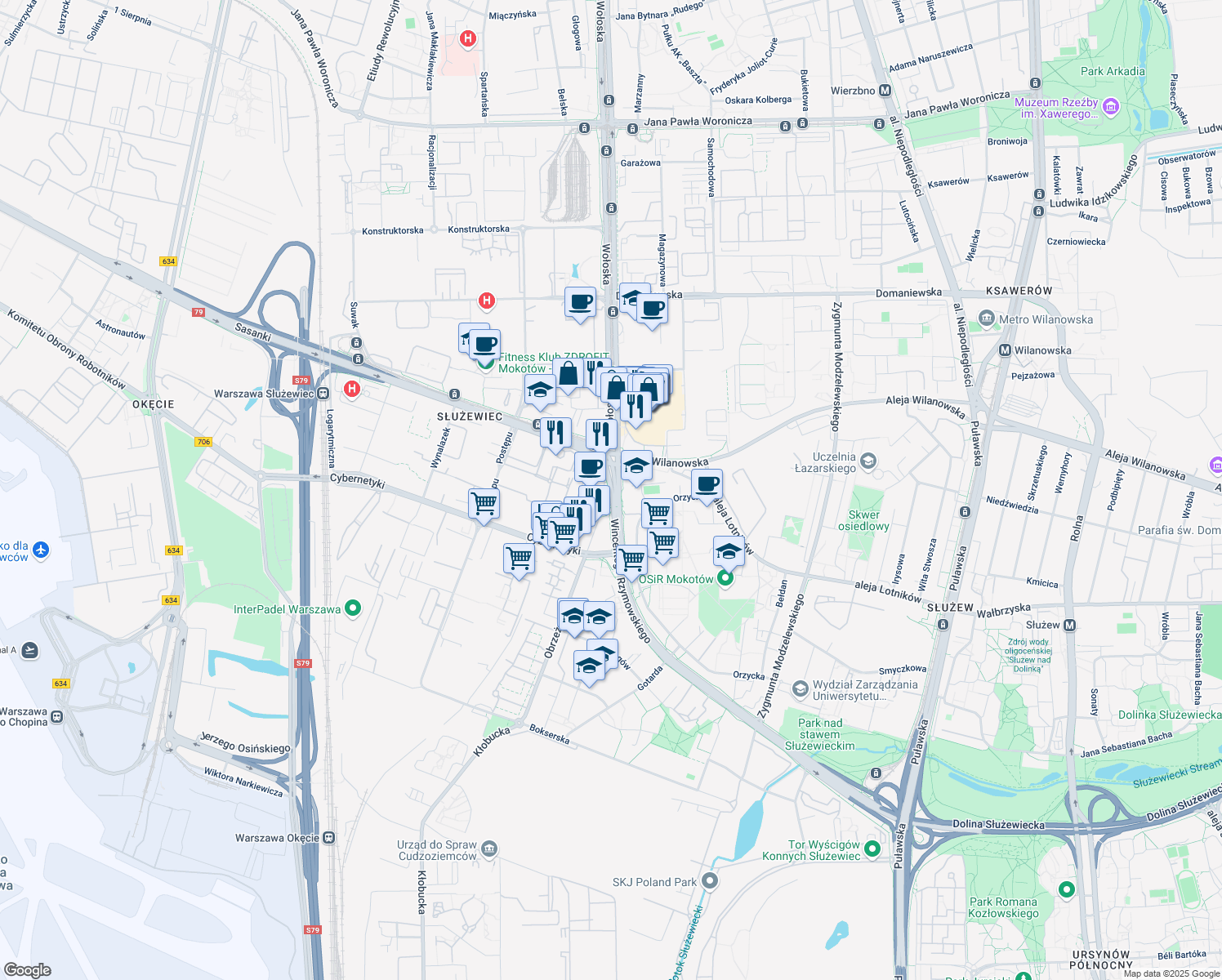 map of restaurants, bars, coffee shops, grocery stores, and more near 53 Wincentego Rzymowskiego in Warszawa