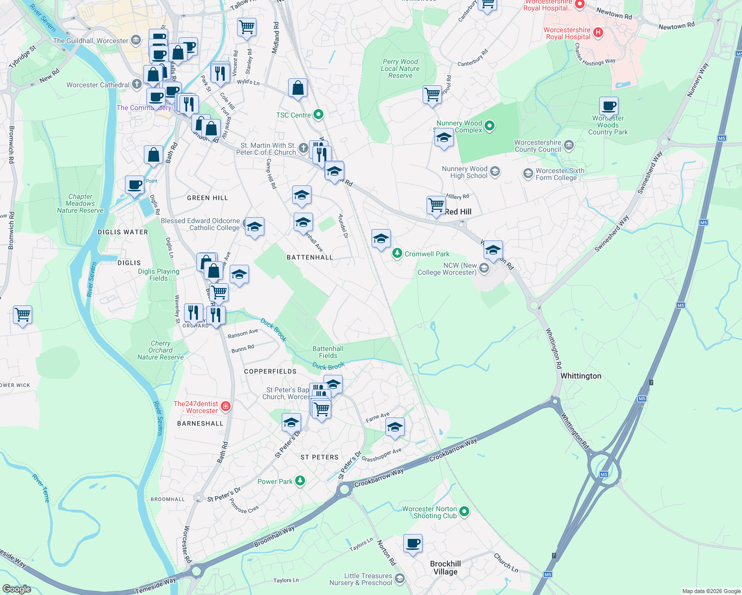 map of restaurants, bars, coffee shops, grocery stores, and more near 2 Eastnor Close in Worcestershire