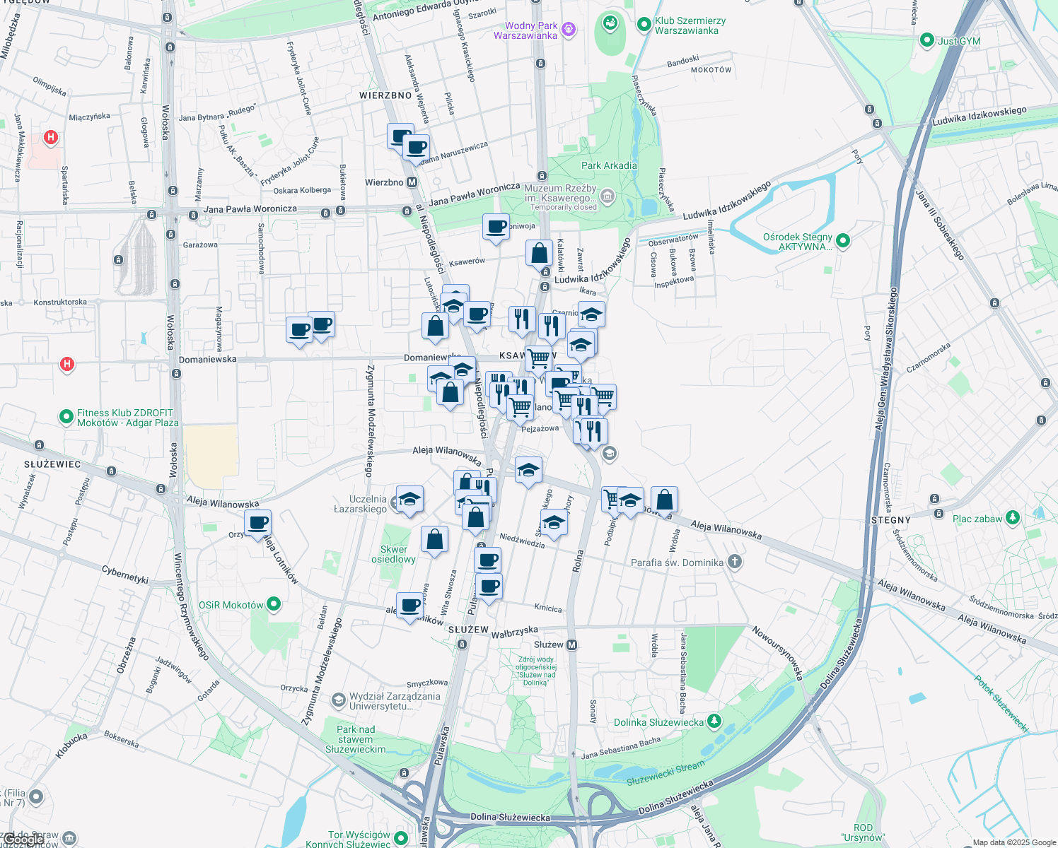 map of restaurants, bars, coffee shops, grocery stores, and more near 145 Puławska in Warszawa