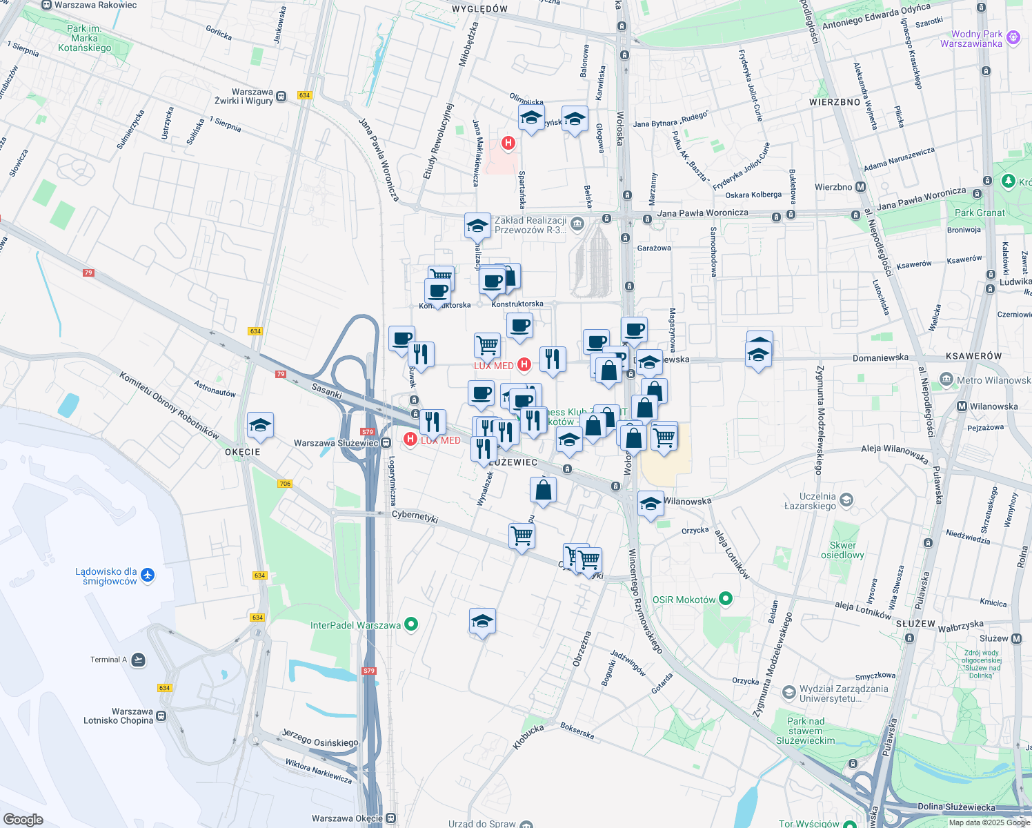map of restaurants, bars, coffee shops, grocery stores, and more near 17A Postępu in Warszawa