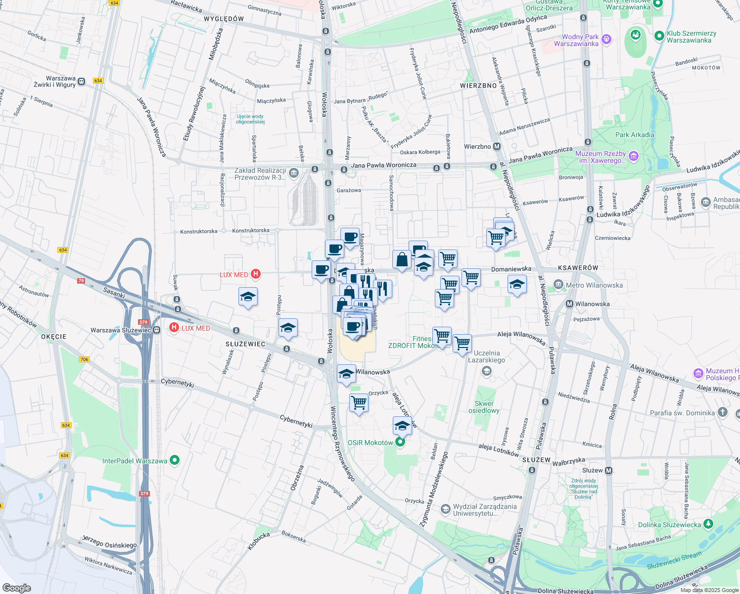 map of restaurants, bars, coffee shops, grocery stores, and more near 39B Domaniewska in Warszawa