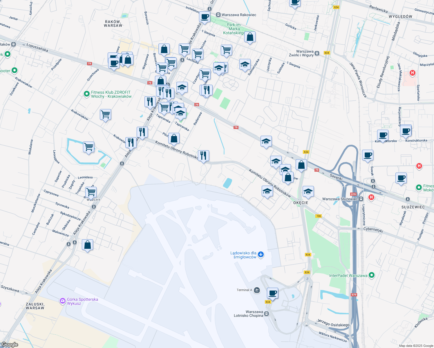 map of restaurants, bars, coffee shops, grocery stores, and more near 45b Komitetu Obrony Robotników in Warszawa