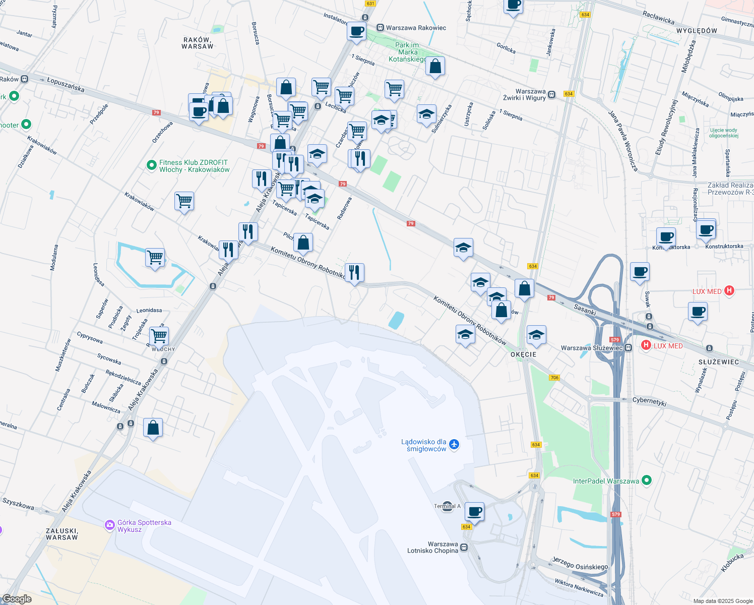map of restaurants, bars, coffee shops, grocery stores, and more near 45b Komitetu Obrony Robotników in Warszawa