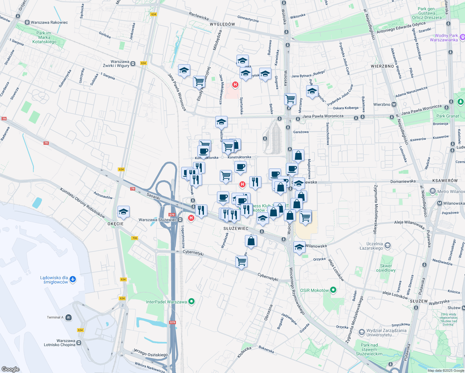 map of restaurants, bars, coffee shops, grocery stores, and more near 45 Domaniewska in Warszawa