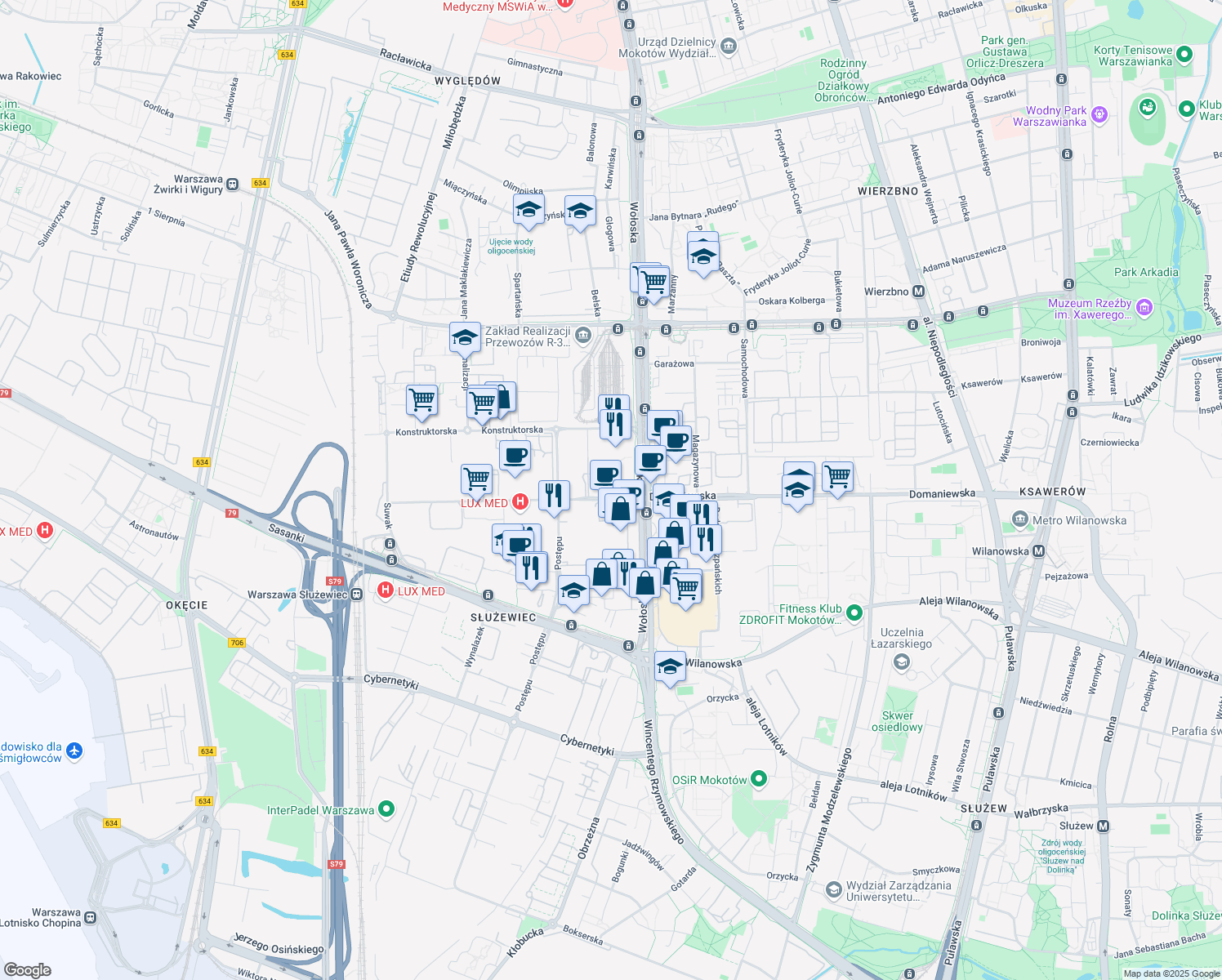 map of restaurants, bars, coffee shops, grocery stores, and more near 42 Domaniewska in Warszawa