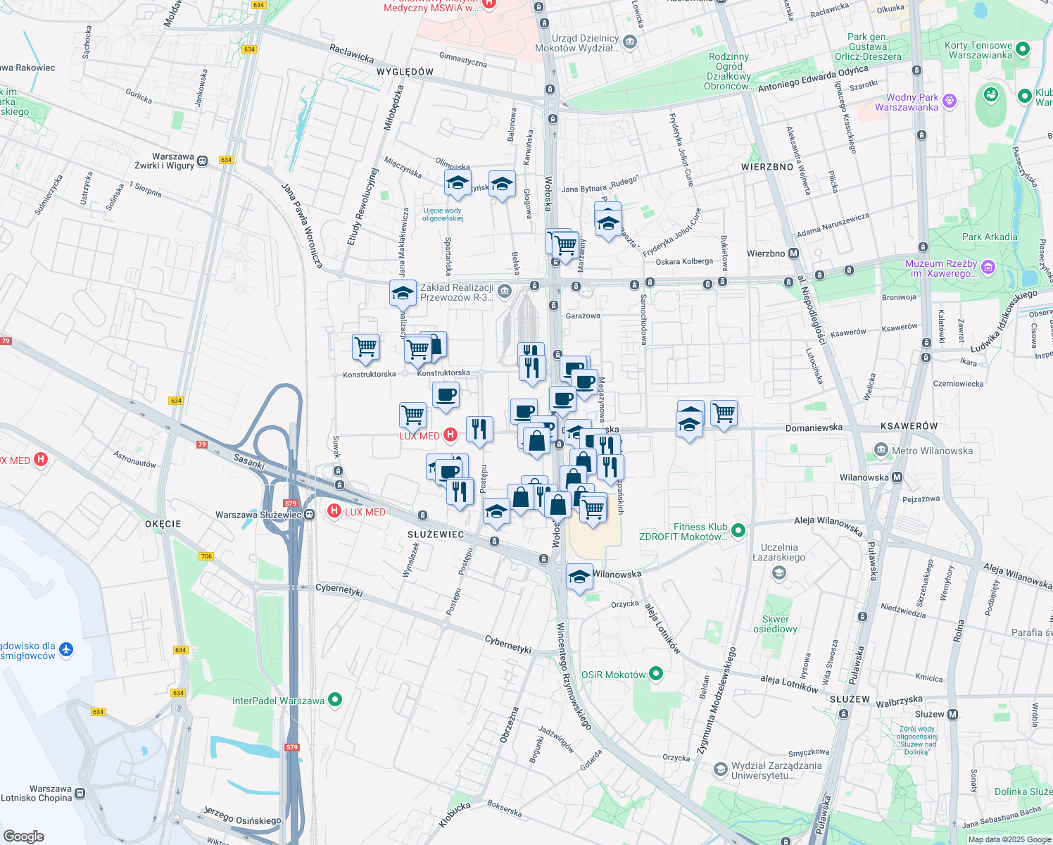 map of restaurants, bars, coffee shops, grocery stores, and more near 42 Domaniewska in Warszawa