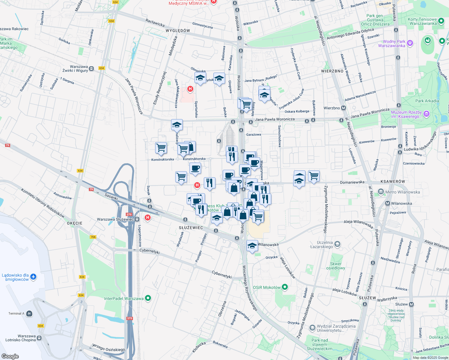 map of restaurants, bars, coffee shops, grocery stores, and more near 44 Domaniewska in Warszawa