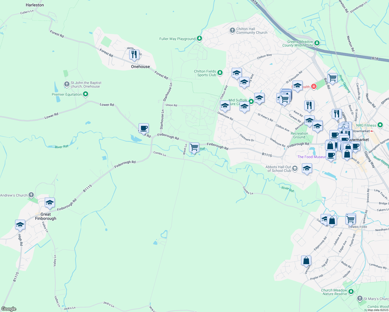 map of restaurants, bars, coffee shops, grocery stores, and more near in Suffolk