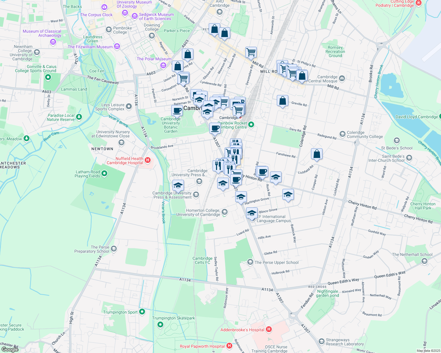 map of restaurants, bars, coffee shops, grocery stores, and more near  in Cambridgeshire