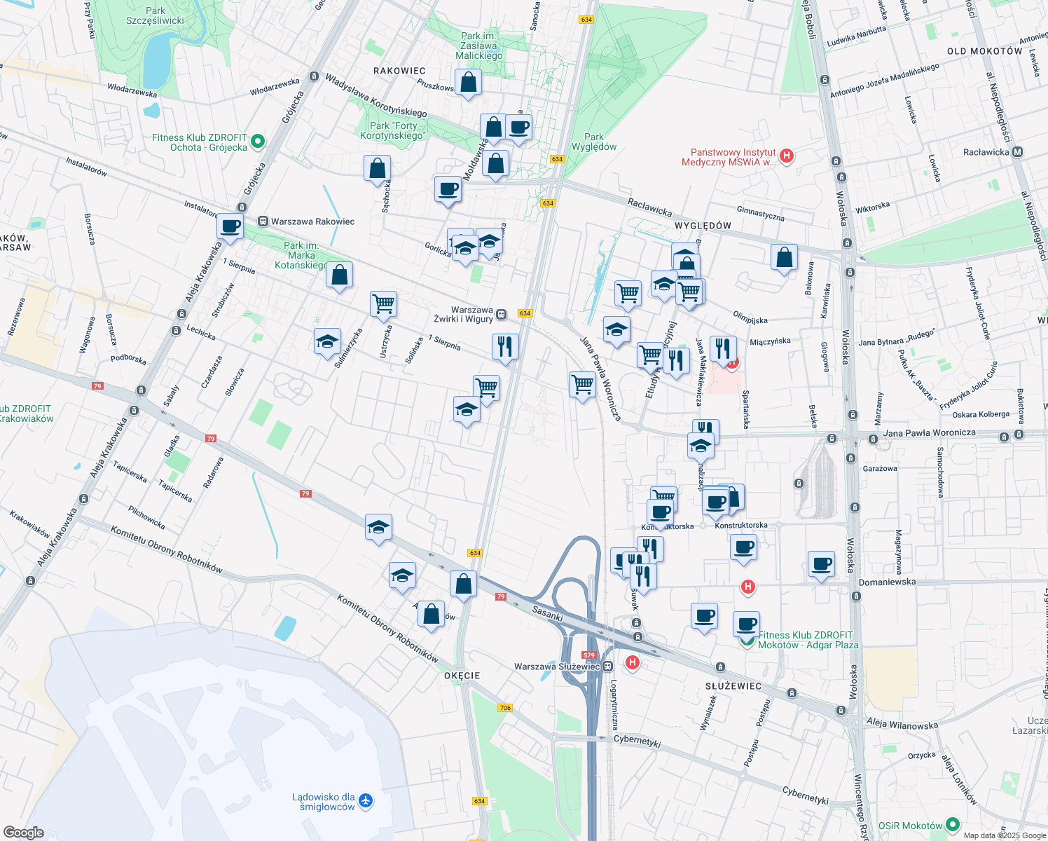 map of restaurants, bars, coffee shops, grocery stores, and more near 18 Żwirki i Wigury in Warszawa