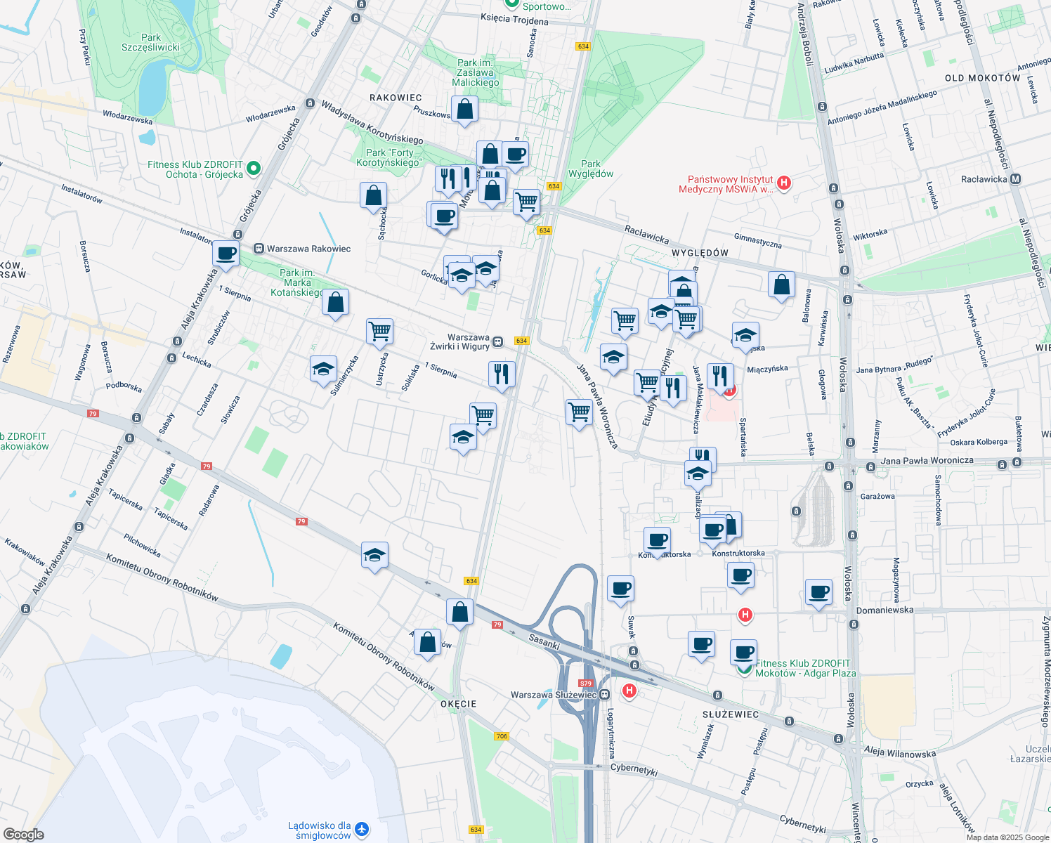 map of restaurants, bars, coffee shops, grocery stores, and more near 18 Żwirki i Wigury in Warszawa