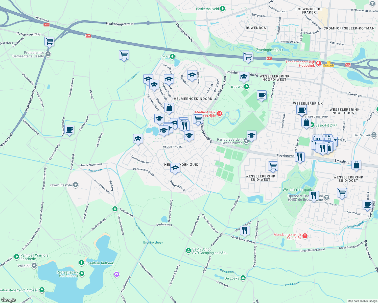 map of restaurants, bars, coffee shops, grocery stores, and more near 22 Honinglohoek in Enschede