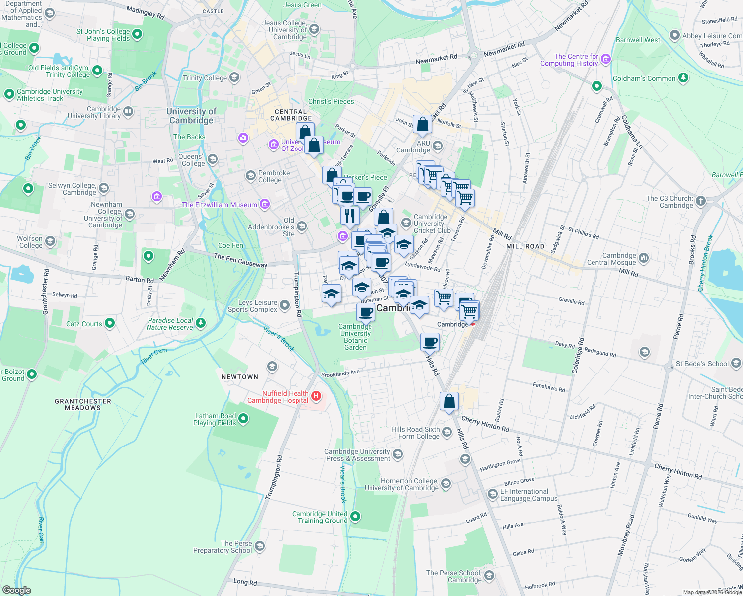 map of restaurants, bars, coffee shops, grocery stores, and more near 11 Bateman Street in Cambridgeshire
