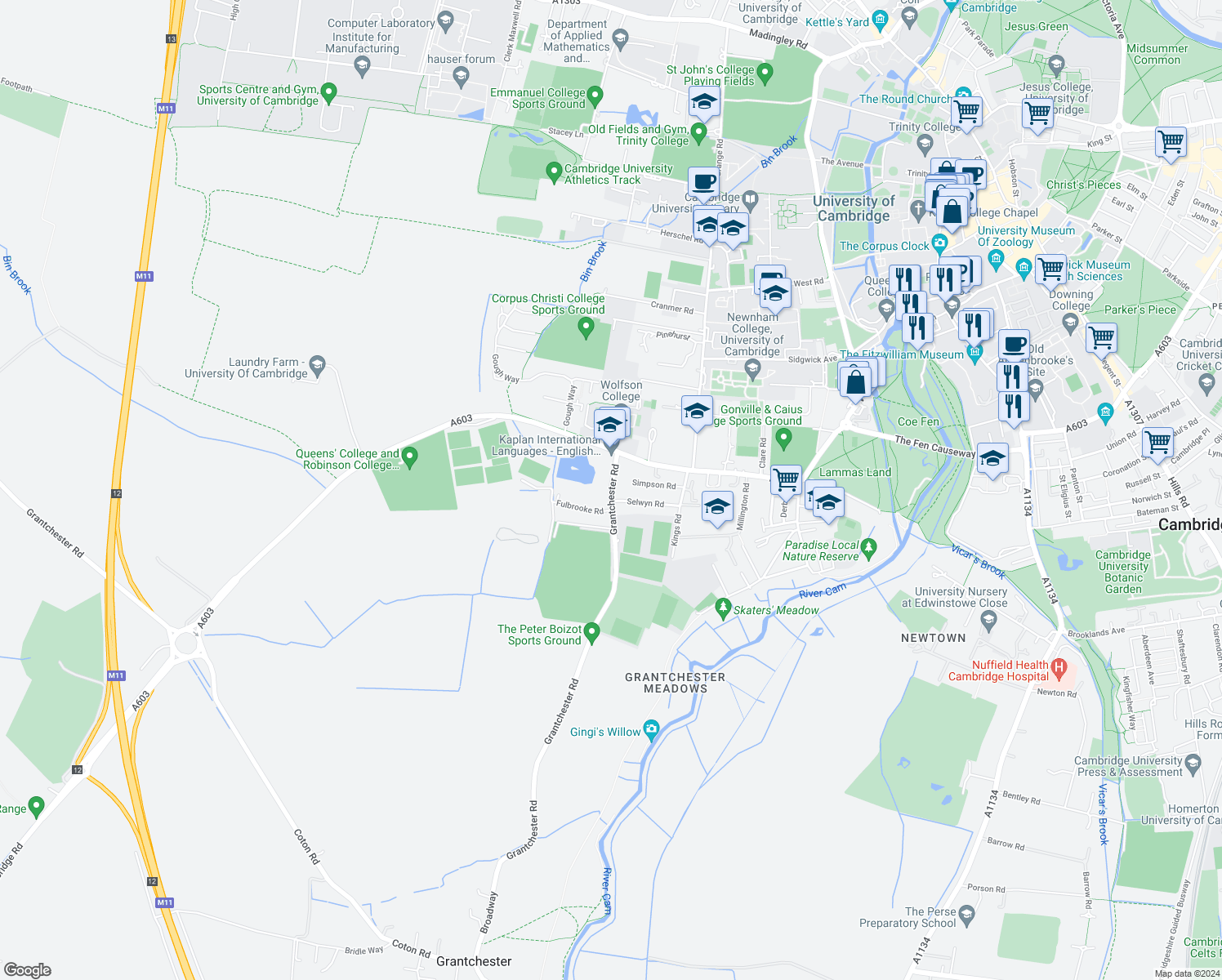map of restaurants, bars, coffee shops, grocery stores, and more near Grantchester Road in Cambridge
