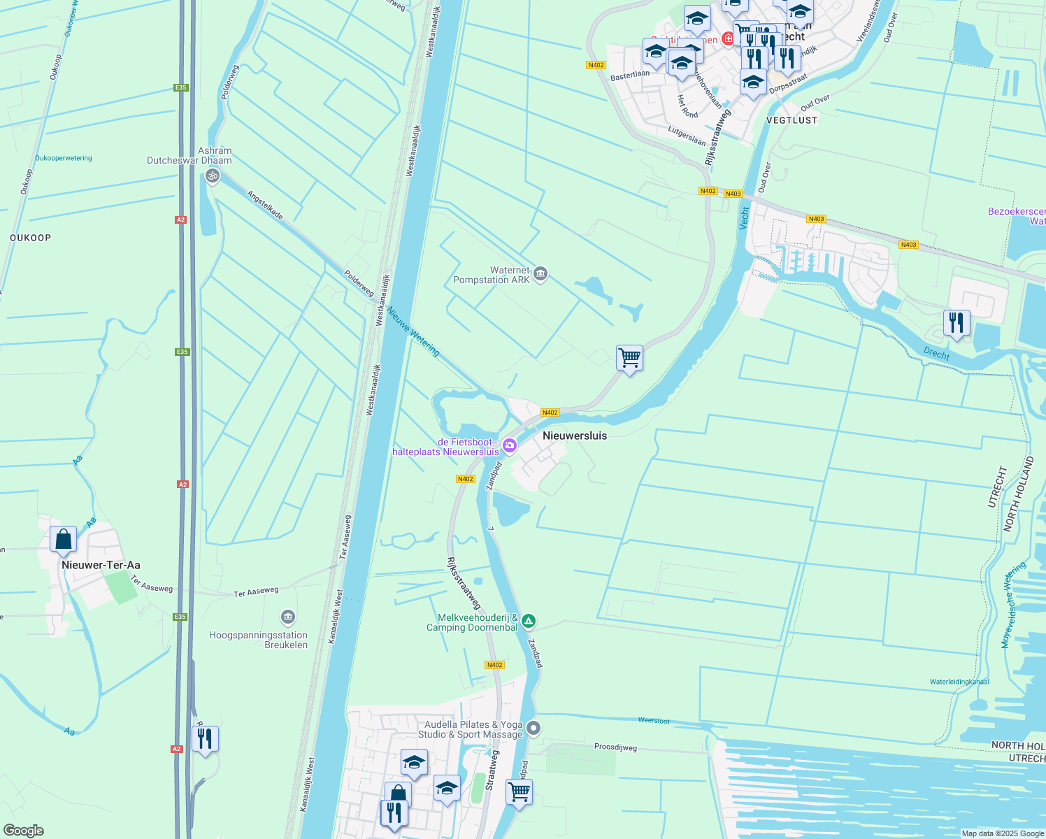 map of restaurants, bars, coffee shops, grocery stores, and more near 17 Stationsweg in Nieuwersluis