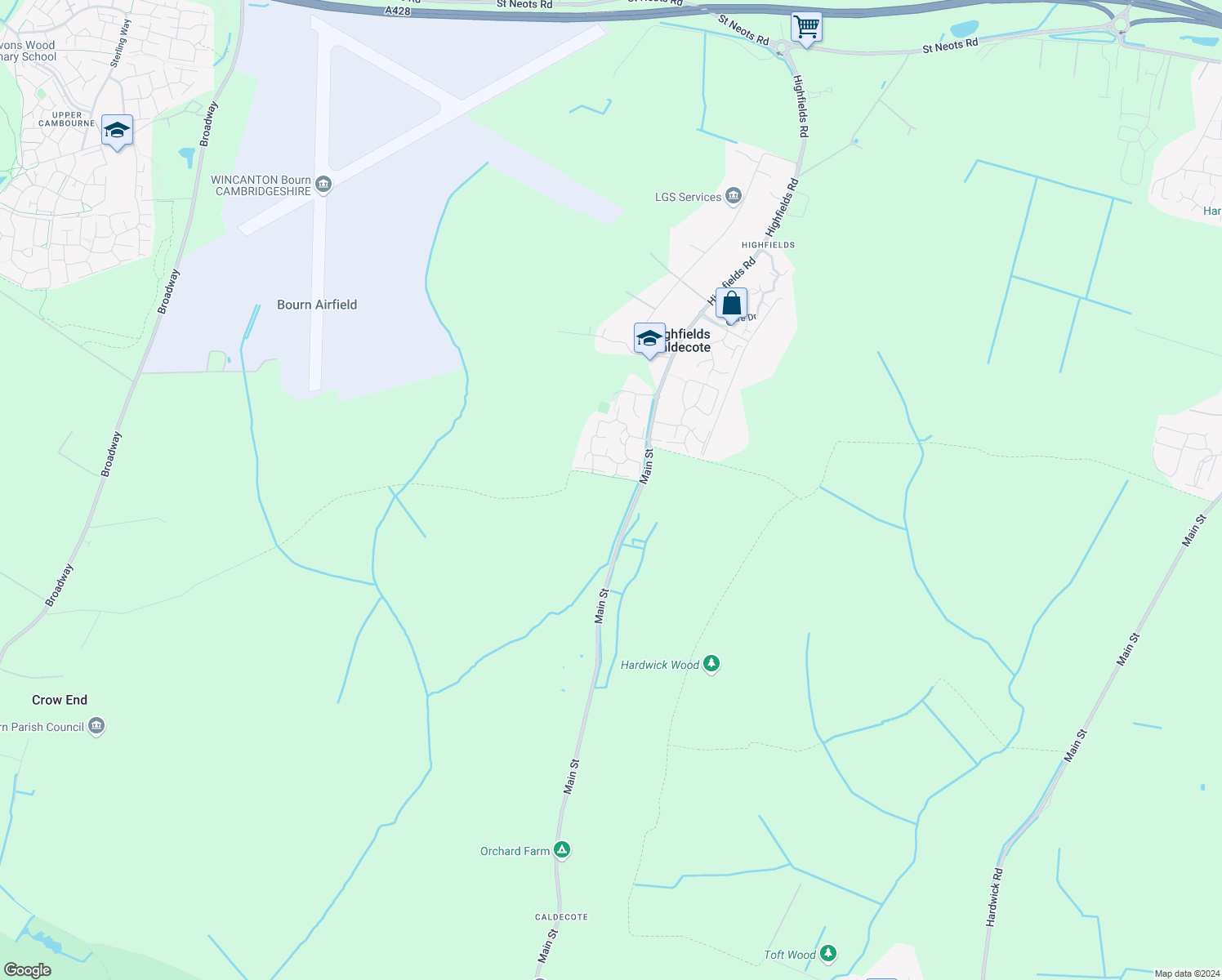 map of restaurants, bars, coffee shops, grocery stores, and more near in Highfields Caldecote