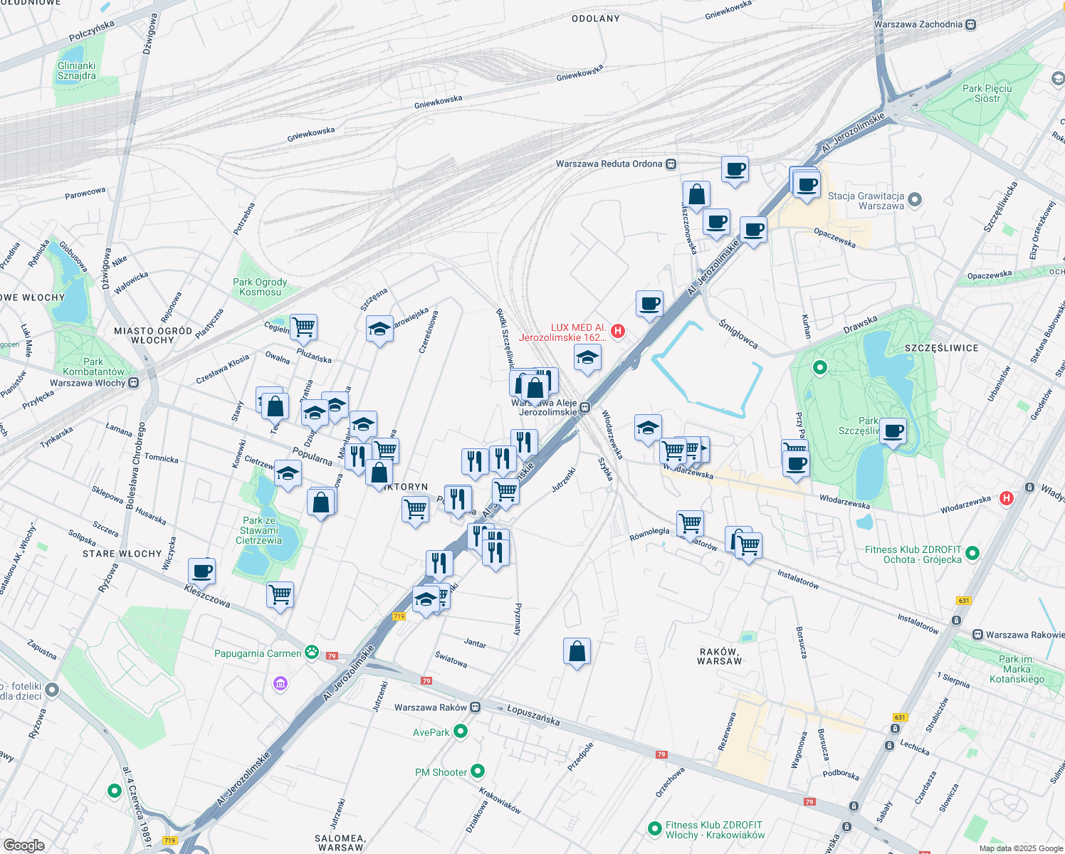 map of restaurants, bars, coffee shops, grocery stores, and more near 4 Daimlera in Warszawa