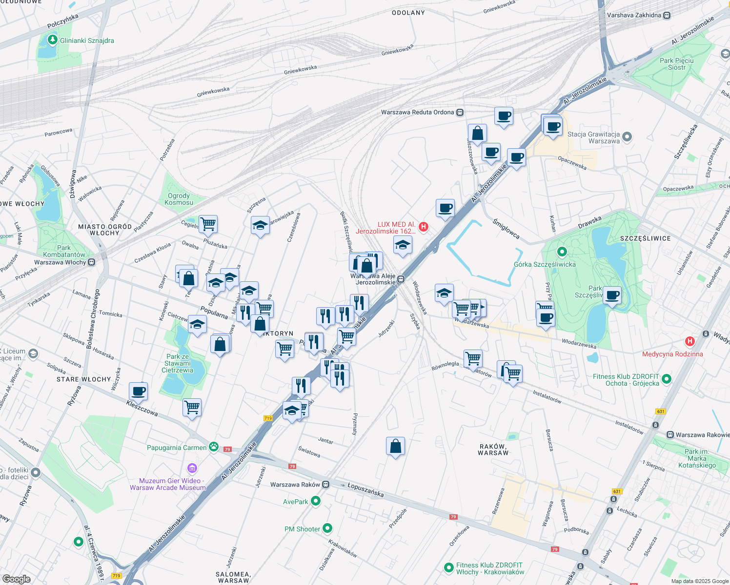 map of restaurants, bars, coffee shops, grocery stores, and more near 4 Daimlera in Warszawa