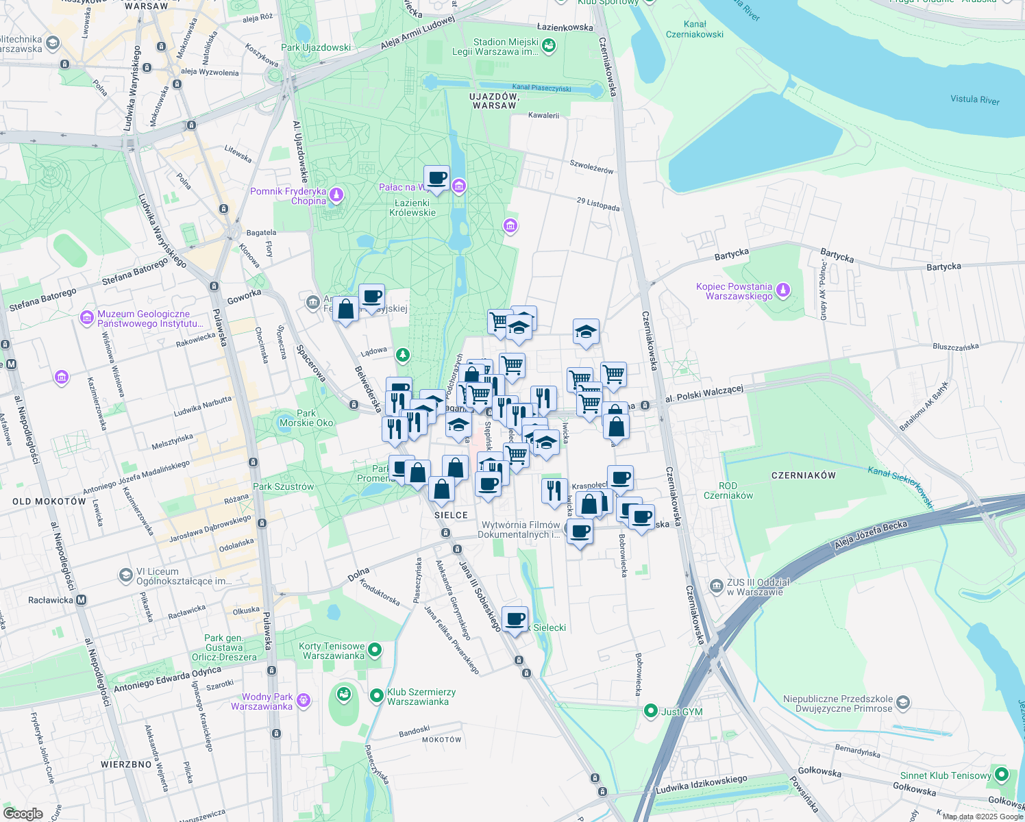 map of restaurants, bars, coffee shops, grocery stores, and more near in Warsaw