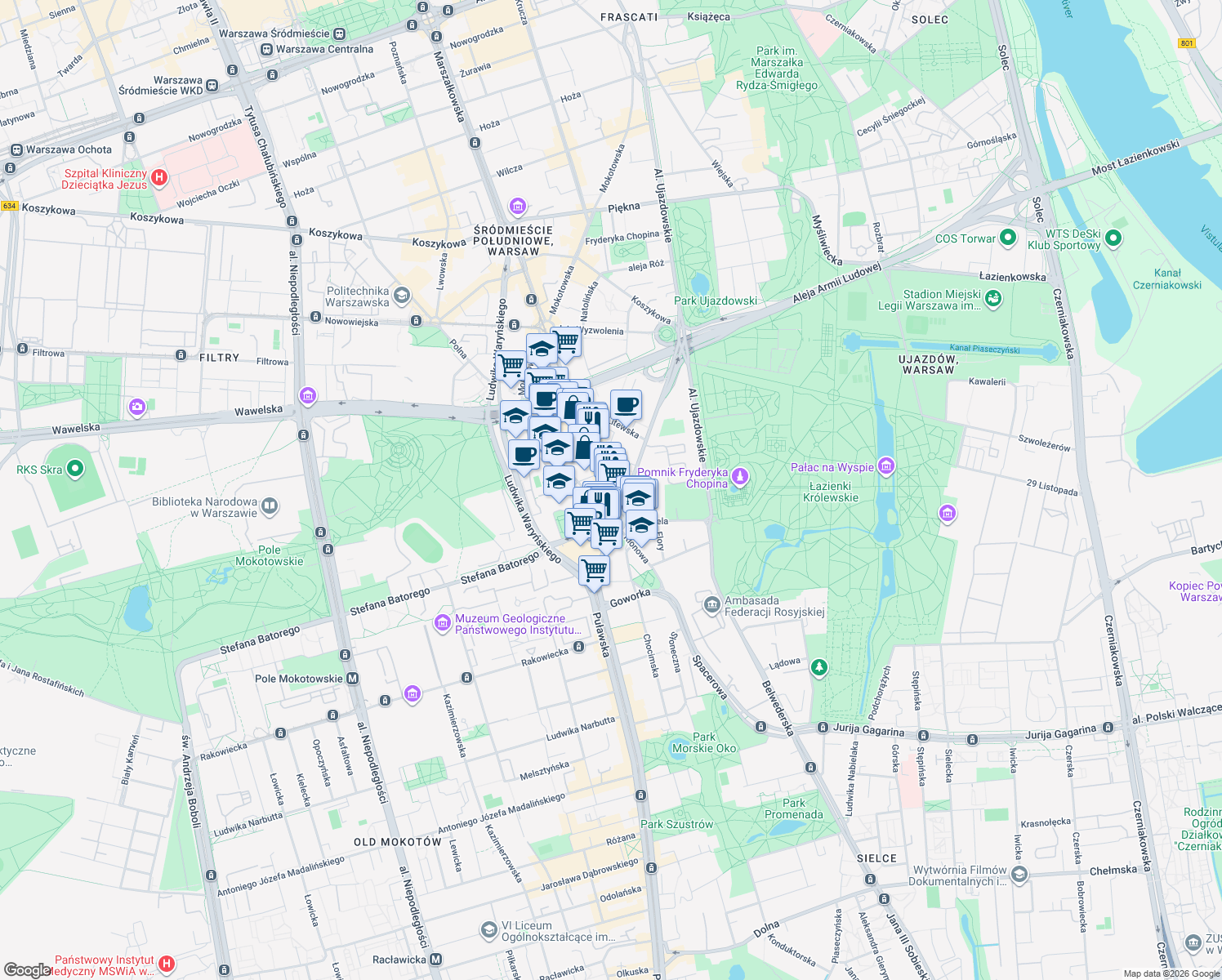 map of restaurants, bars, coffee shops, grocery stores, and more near 6 Marszałkowska in Warszawa