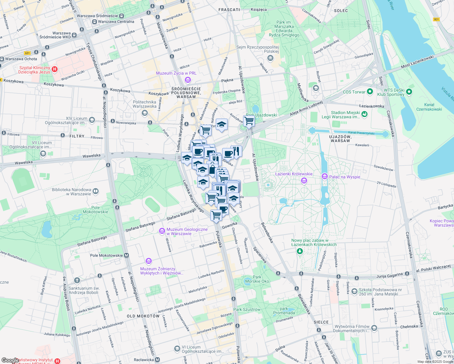 map of restaurants, bars, coffee shops, grocery stores, and more near 7 Aleja J. Ch. Szucha in Warszawa