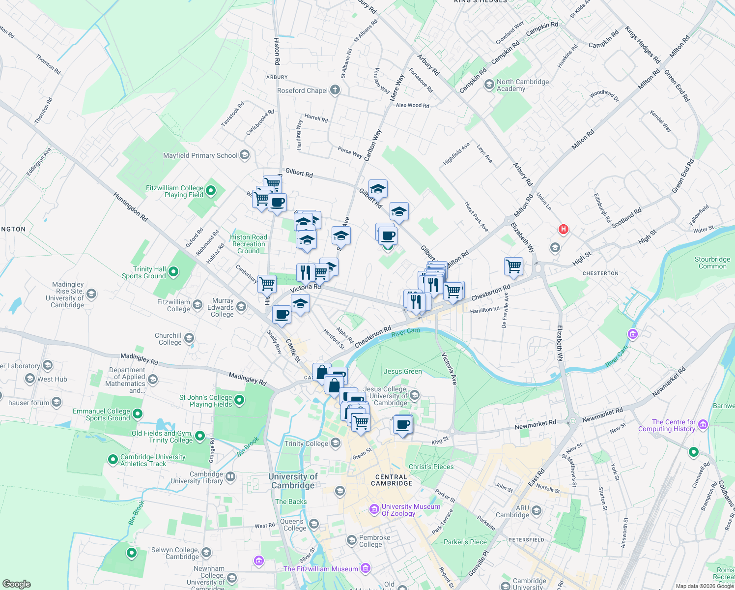 map of restaurants, bars, coffee shops, grocery stores, and more near 2 Victoria Park in Cambridgeshire