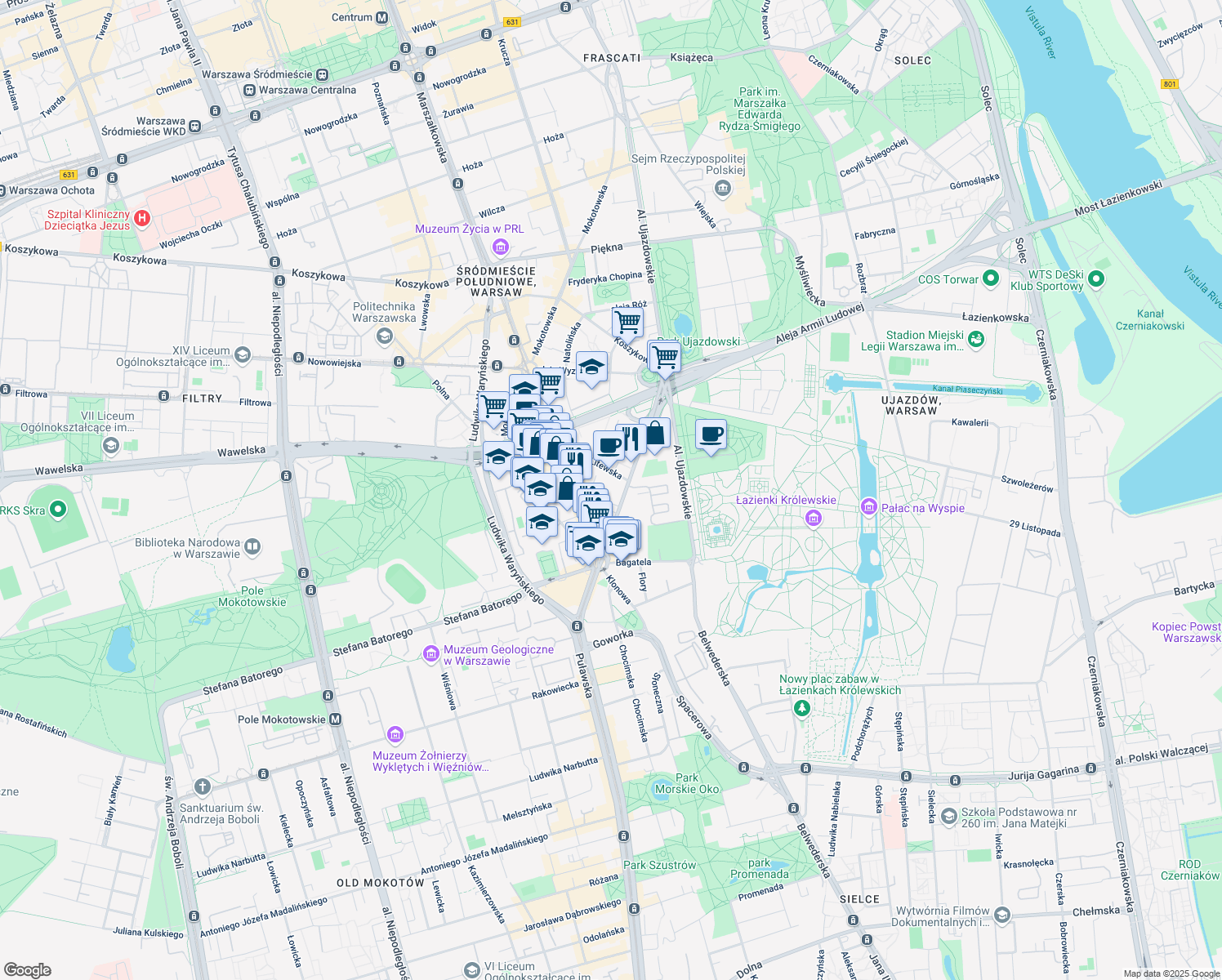 map of restaurants, bars, coffee shops, grocery stores, and more near 17 aleja Jana Chrystiana Szucha in Warszawa