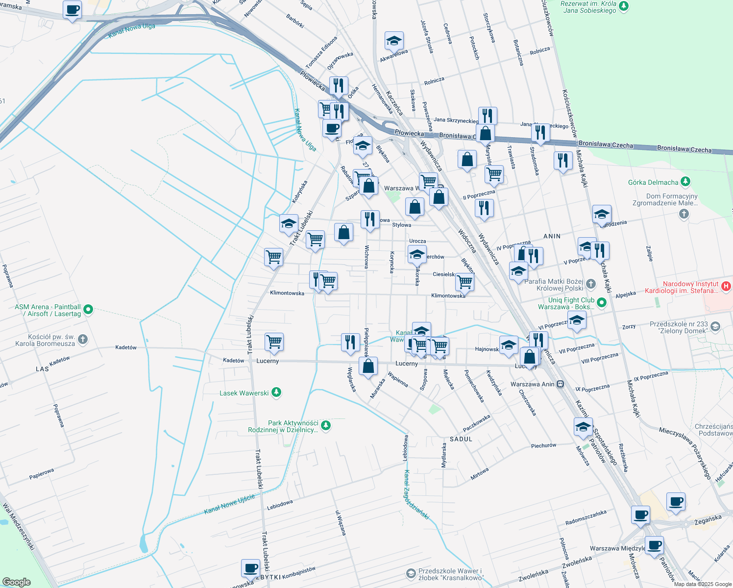 map of restaurants, bars, coffee shops, grocery stores, and more near Klimontowska in Warszawa
