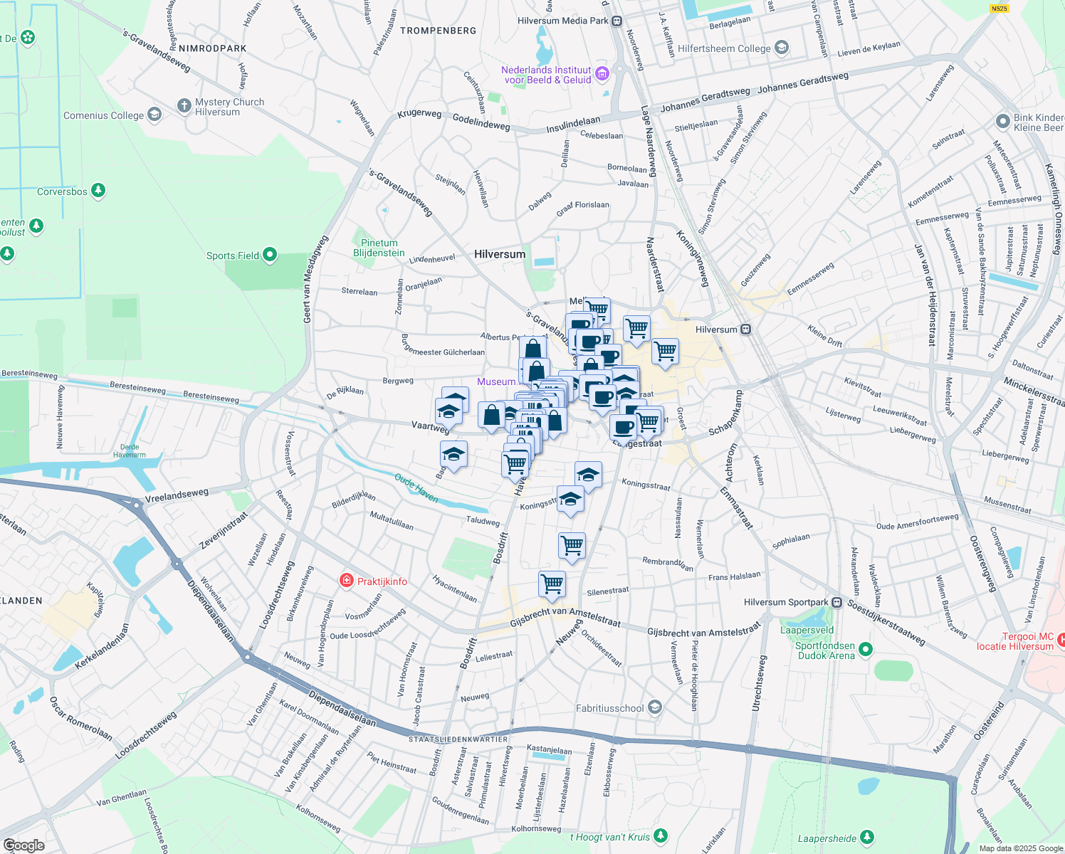 map of restaurants, bars, coffee shops, grocery stores, and more near 33 Vaartweg in Hilversum