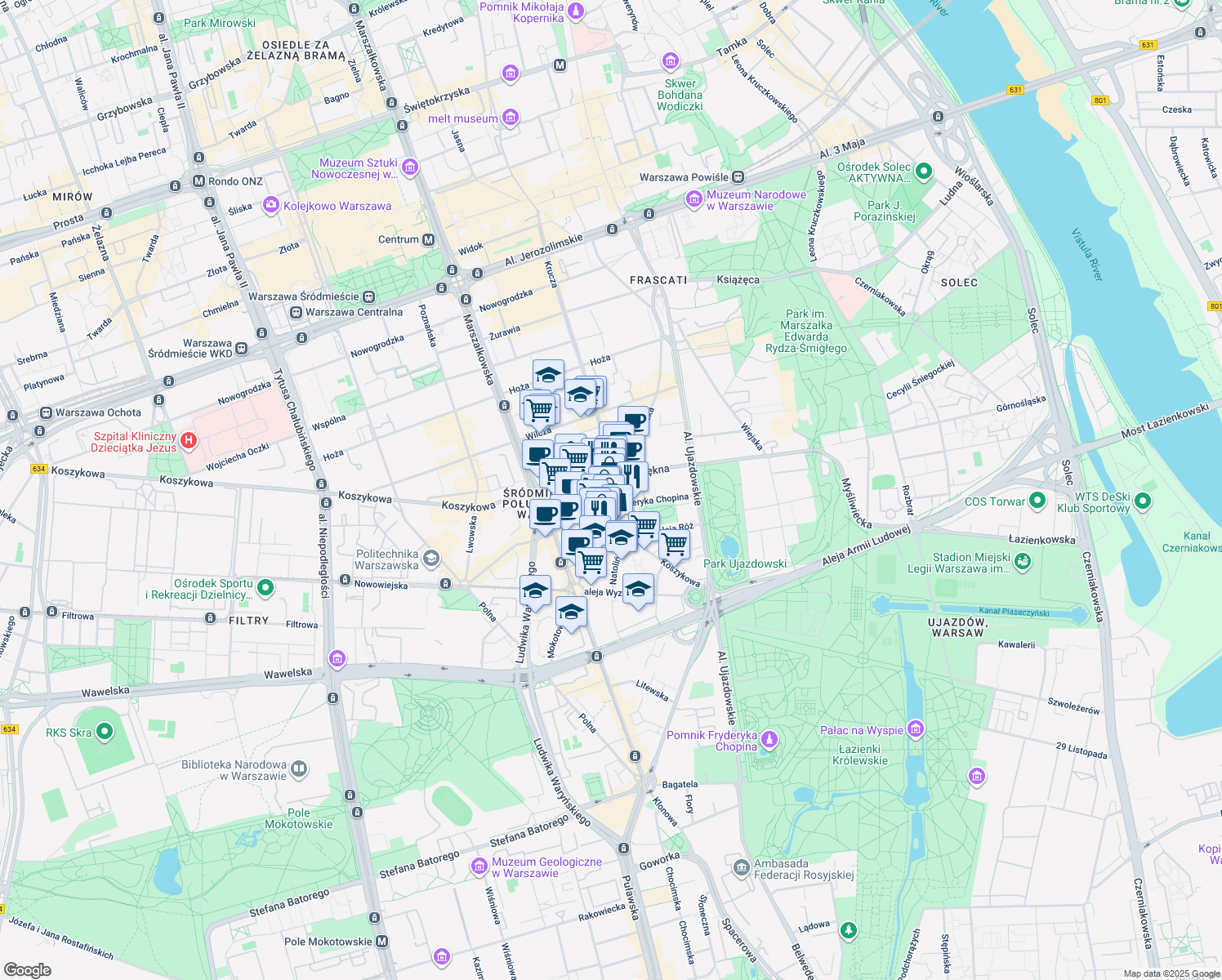 map of restaurants, bars, coffee shops, grocery stores, and more near 45 Mokotowska in Warsaw