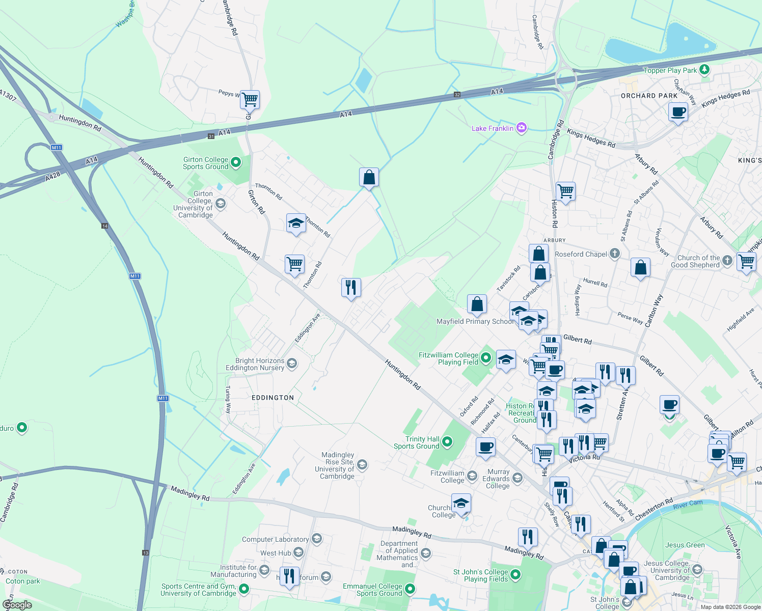 map of restaurants, bars, coffee shops, grocery stores, and more near Lawrence Weaver Road in Cambridgeshire