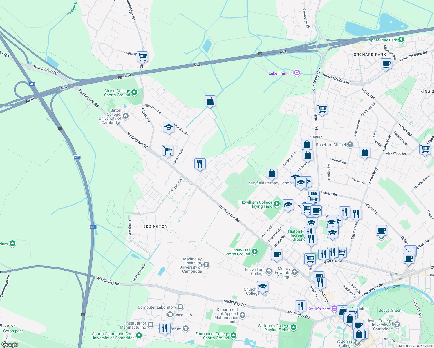 map of restaurants, bars, coffee shops, grocery stores, and more near Lawrence Weaver Road in Cambridgeshire