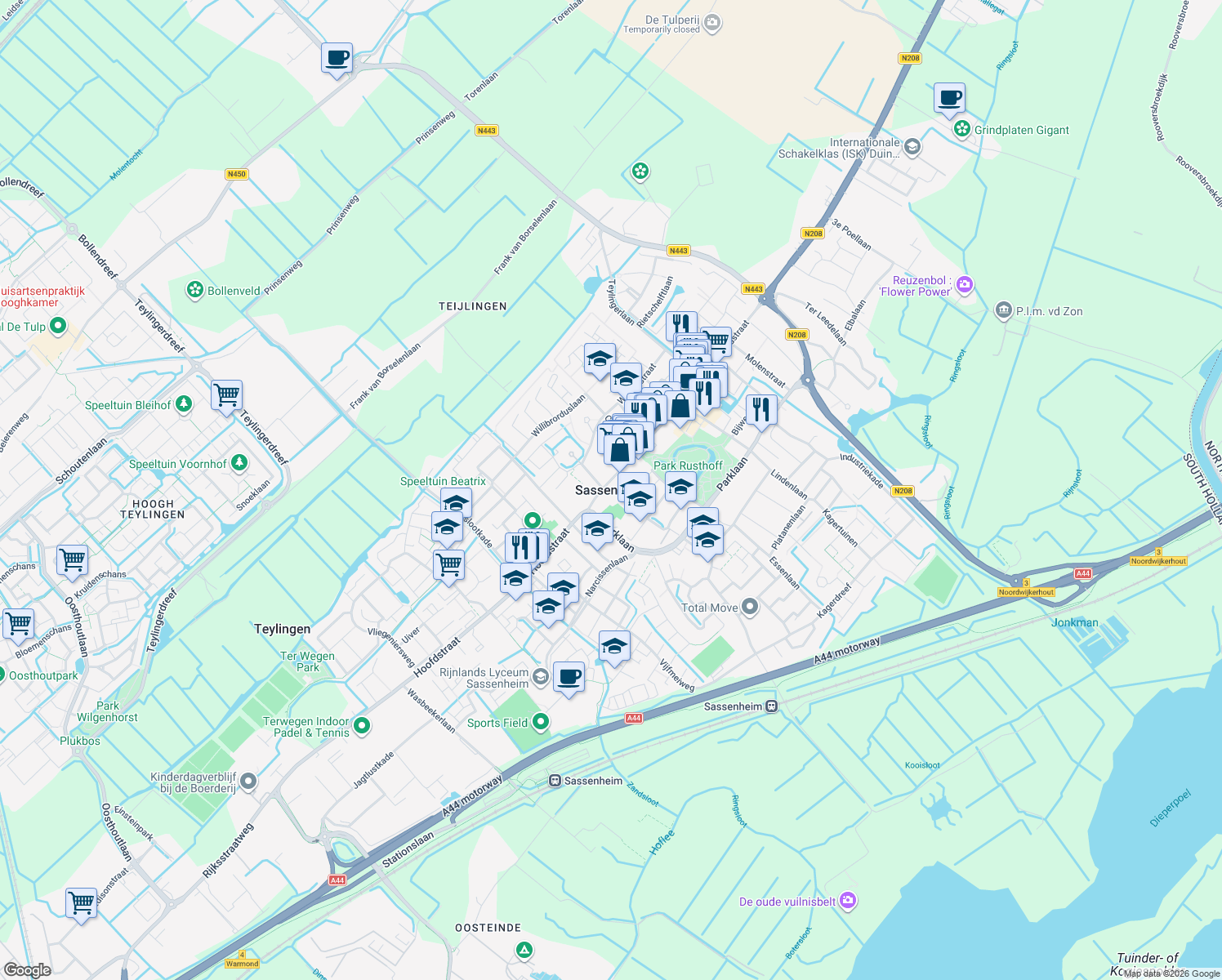 map of restaurants, bars, coffee shops, grocery stores, and more near  in Sassenheim