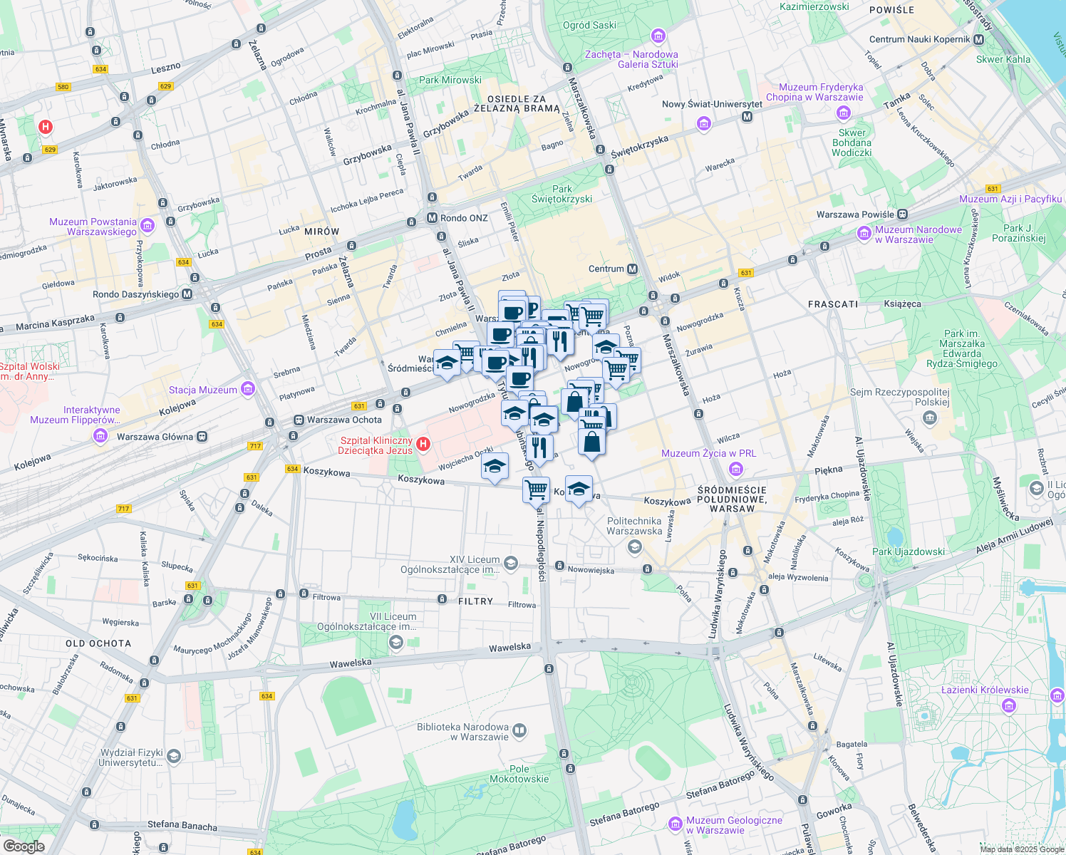 map of restaurants, bars, coffee shops, grocery stores, and more near 72 Wspólna in Warsaw