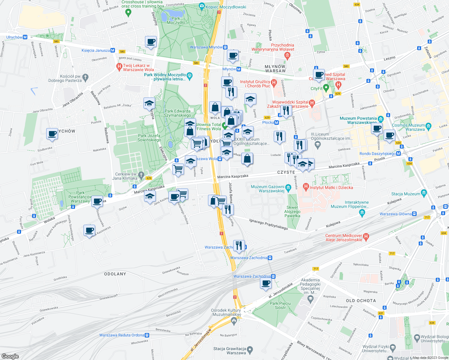map of restaurants, bars, coffee shops, grocery stores, and more near Marcina Kasprzaka in Warszawa