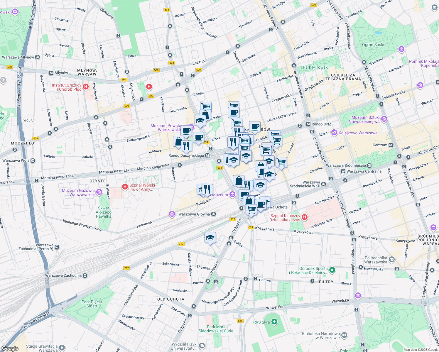 map of restaurants, bars, coffee shops, grocery stores, and more near 2c rondo Daszyńskiego in Warszawa