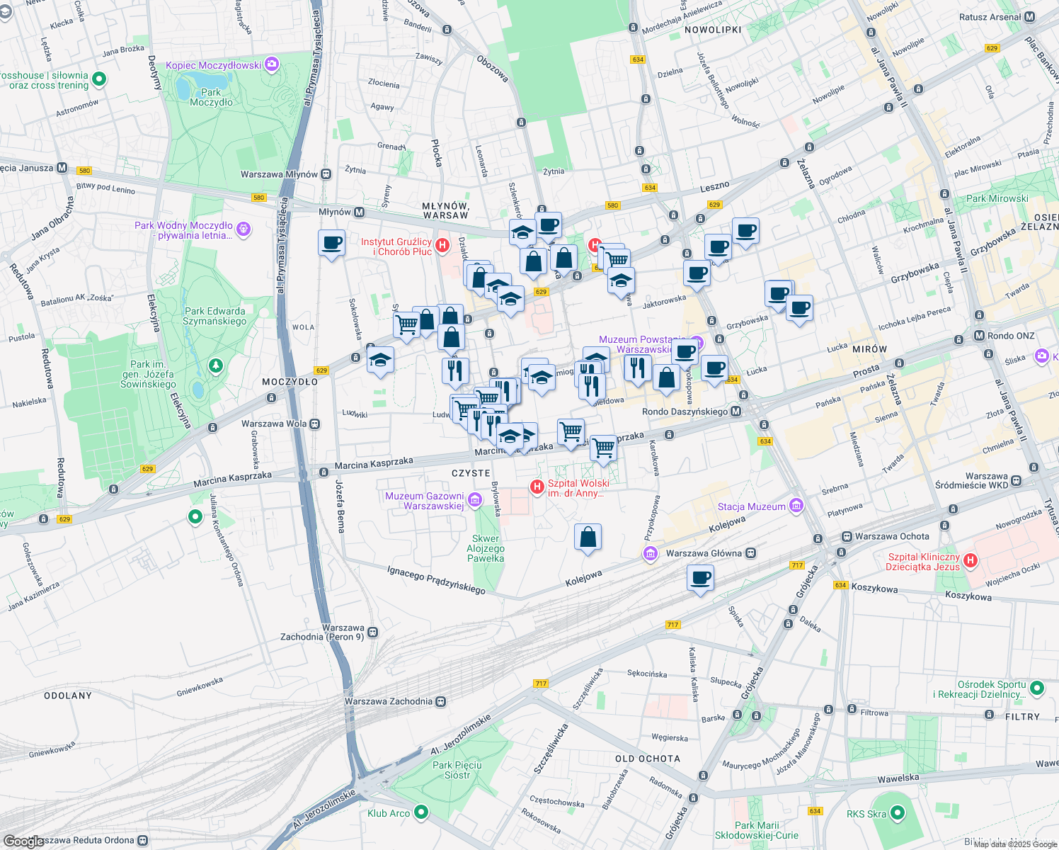map of restaurants, bars, coffee shops, grocery stores, and more near 10a Skierniewicka in Warszawa