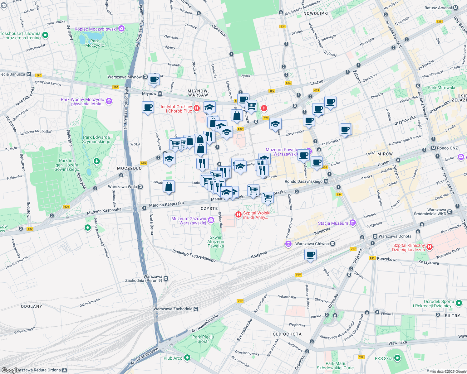 map of restaurants, bars, coffee shops, grocery stores, and more near 10a Skierniewicka in Warszawa