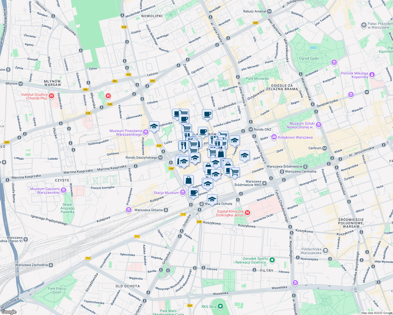map of restaurants, bars, coffee shops, grocery stores, and more near 97 Pańska in Warszawa
