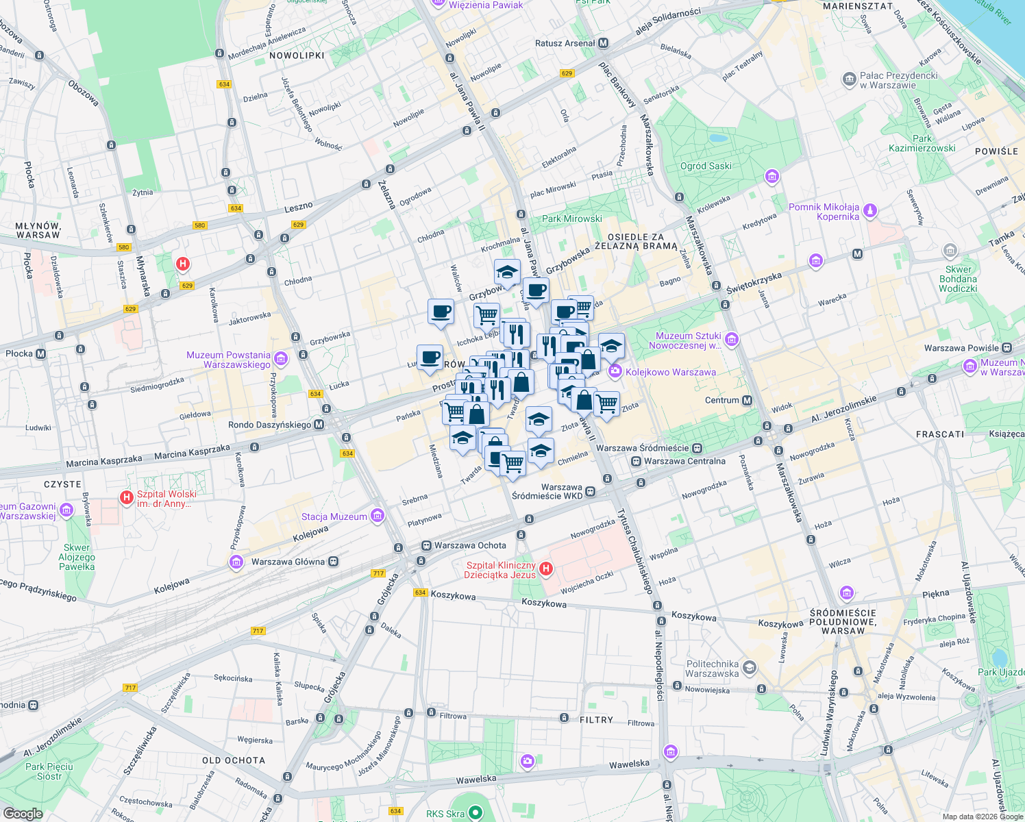 map of restaurants, bars, coffee shops, grocery stores, and more near 45 Twarda in Warszawa