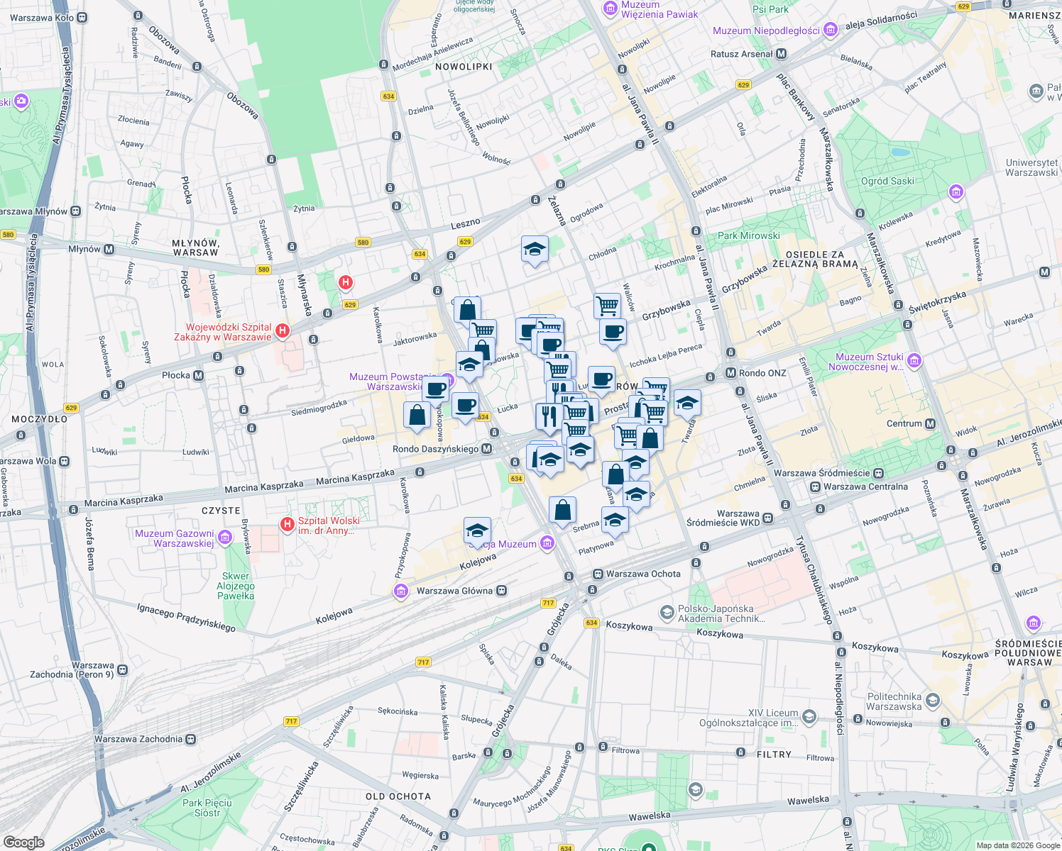 map of restaurants, bars, coffee shops, grocery stores, and more near 36 Prosta in Warszawa