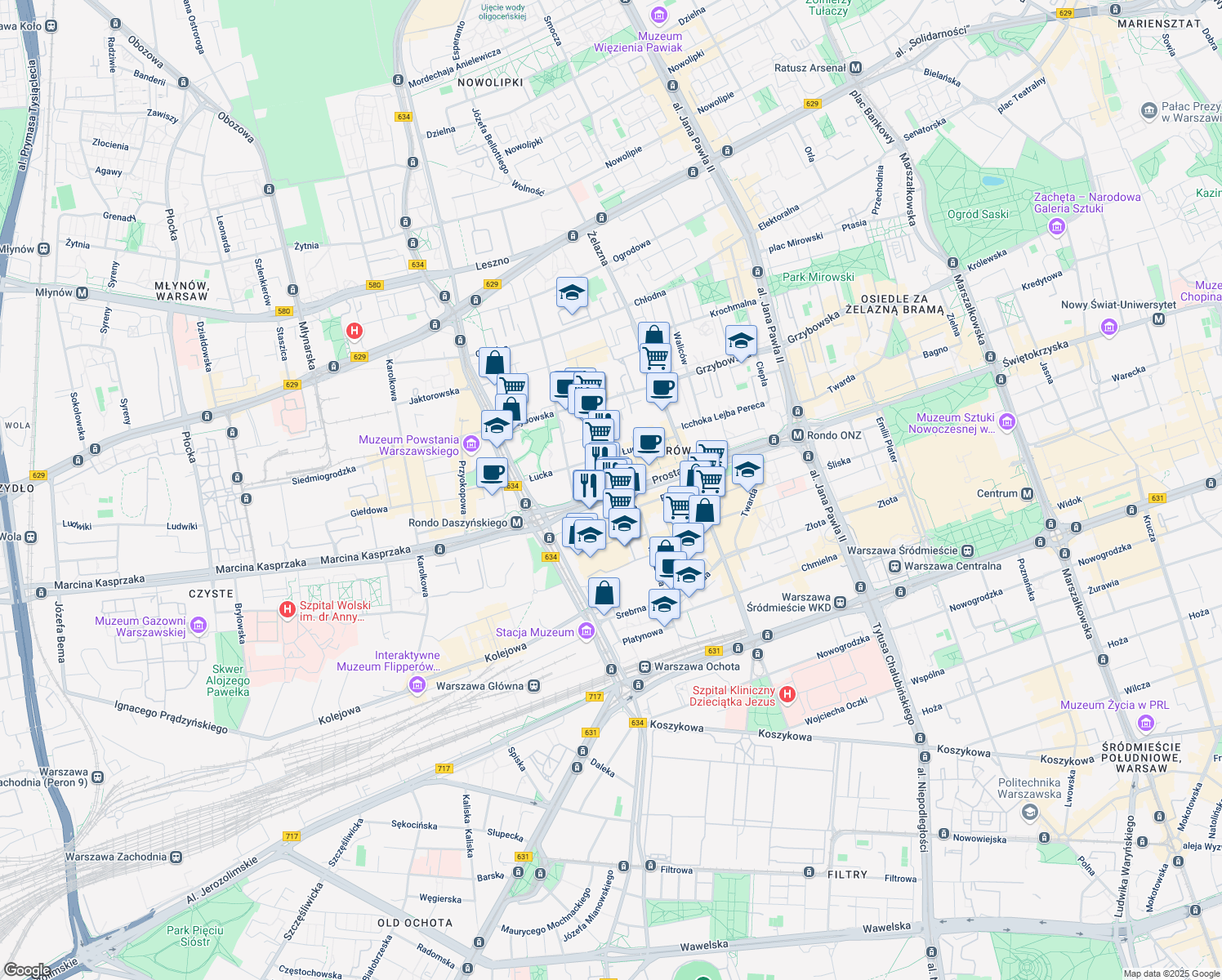 map of restaurants, bars, coffee shops, grocery stores, and more near Prosta in Warszawa