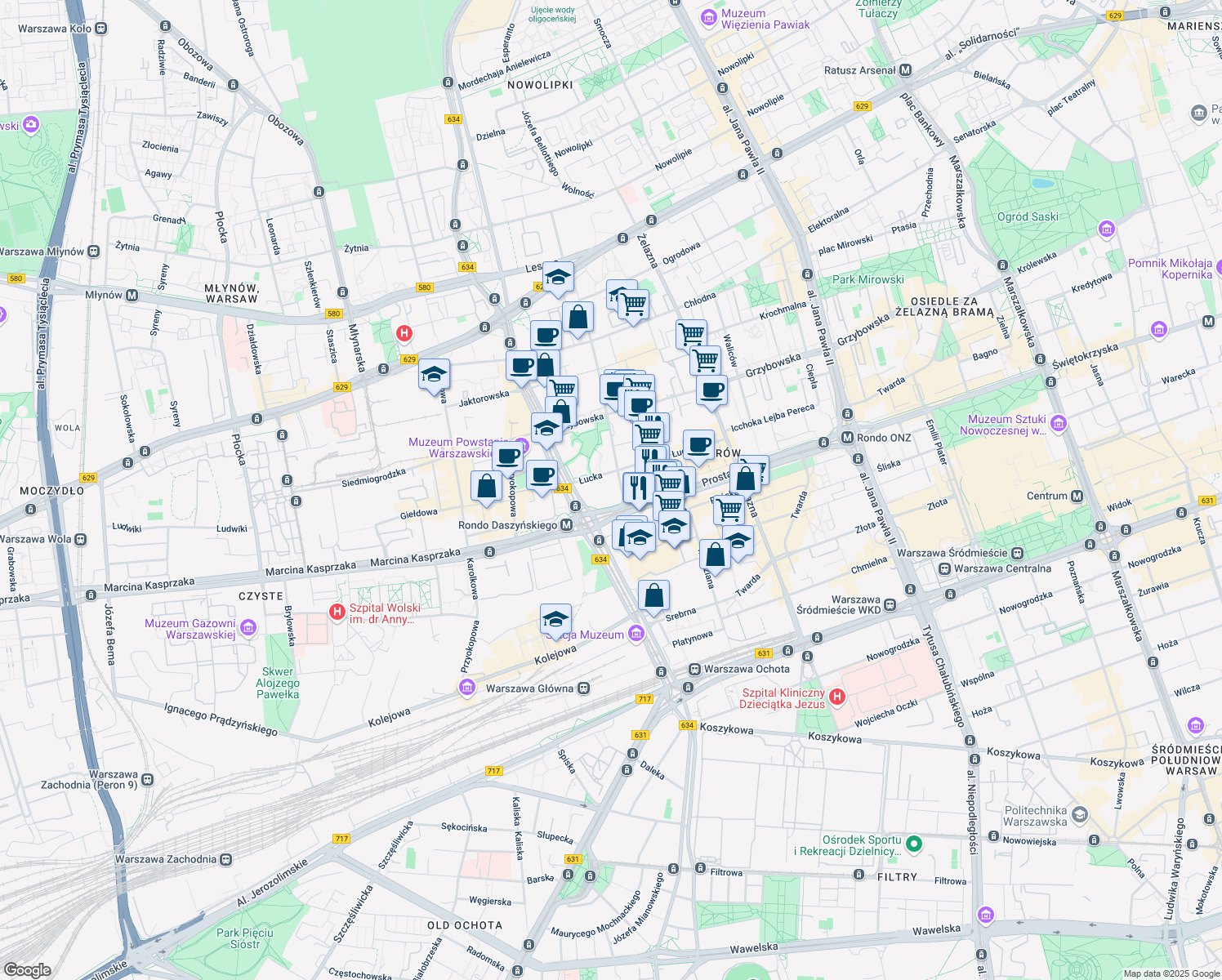 map of restaurants, bars, coffee shops, grocery stores, and more near 36 Prosta in Warszawa