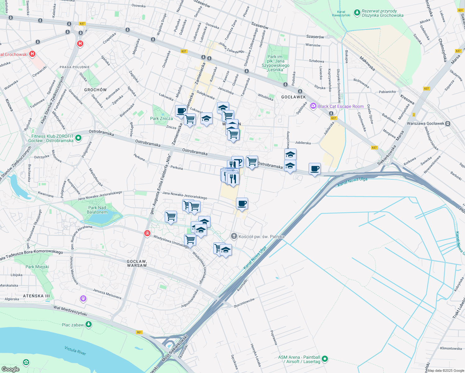 map of restaurants, bars, coffee shops, grocery stores, and more near 75c Ostrobramska in Warsaw